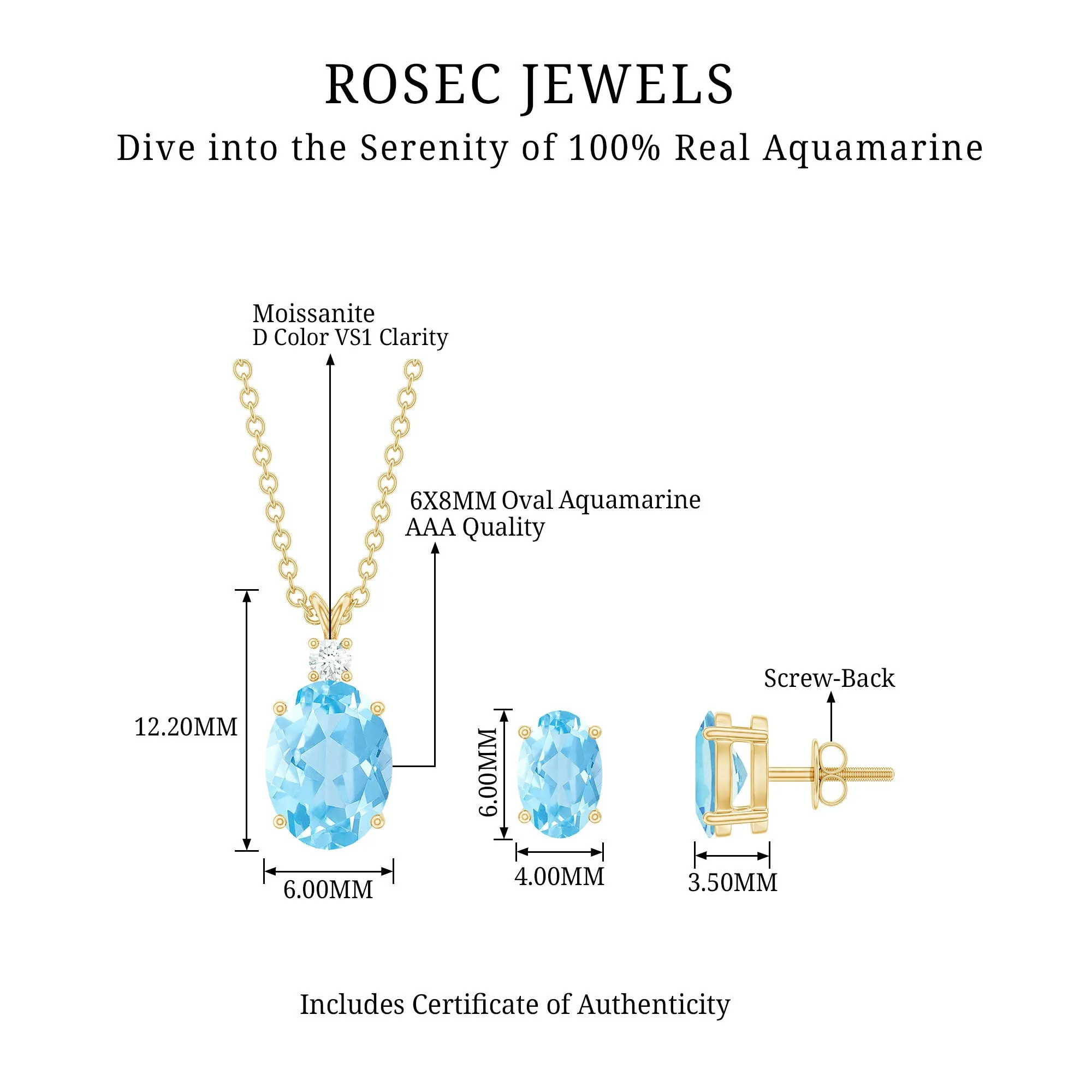 Aquamarine Solitaire Pendant Necklace and Earrings Set