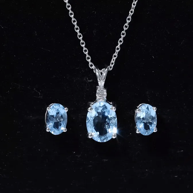 Aquamarine Solitaire Pendant Necklace and Earrings Set