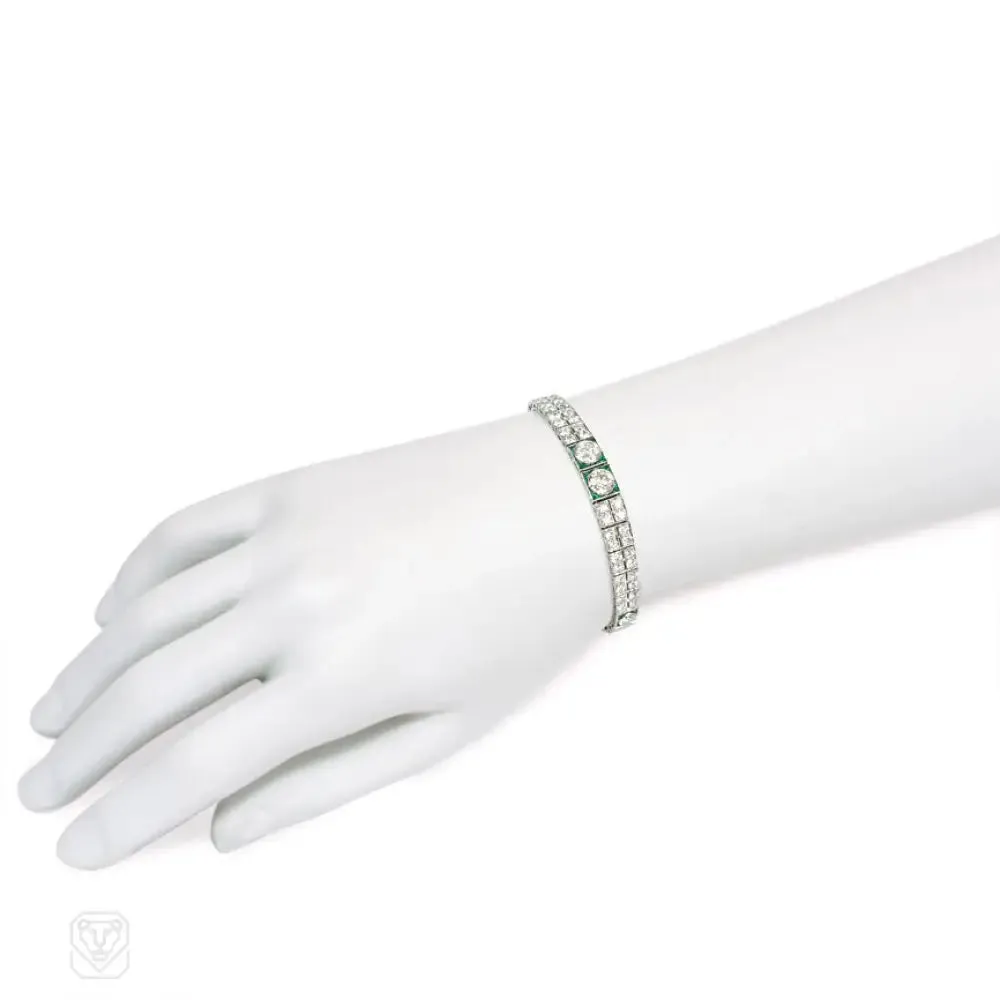 Art Deco tapered diamond and emerald bracelet
