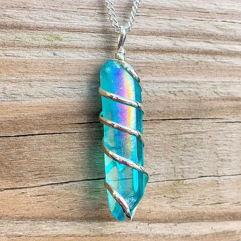 Aura Quartz Spiral Wrapped Pendant Necklace