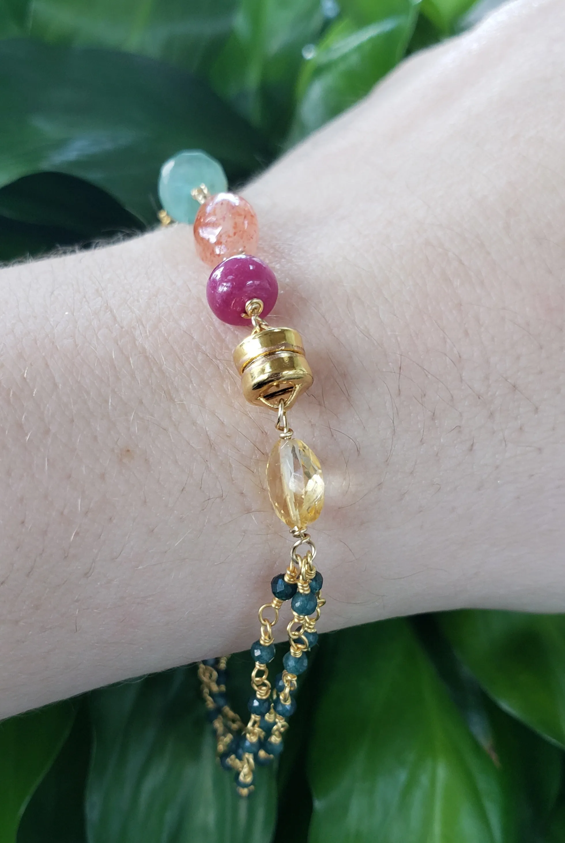 AVF Gold Filled Grandiederite, Ruby, Citrine, Sunstone & Quartz Triple Strand Bracelet (SI3654)