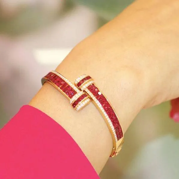 Baikalla™ 18K Rose Gold Natural Ruby and Diamond Bypass Hinge Bracelet