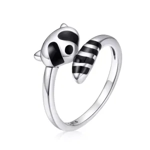 Black Enamel Raccoon Bypass Stacking Ring Sterling Silver
