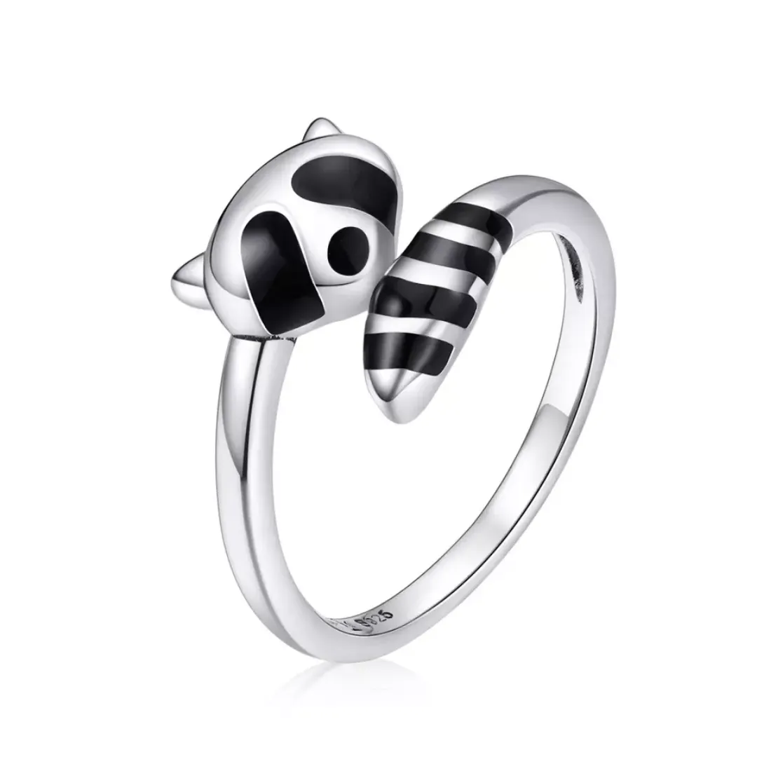 Black Enamel Raccoon Bypass Stacking Ring Sterling Silver