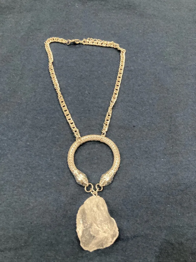 Brass Colored Serpentes Two Headed Snake Raw Quartz Hecate Stone Necklace