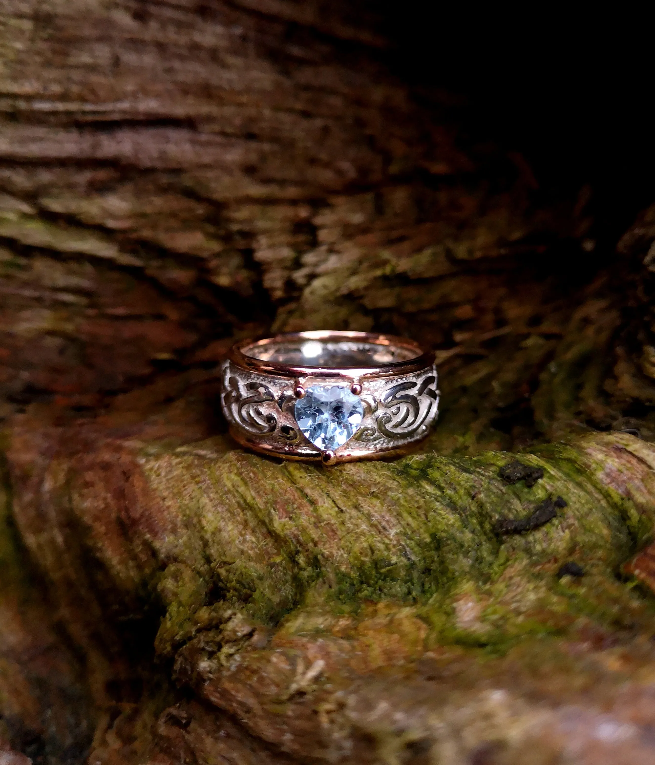 Celtic Ring   Rose Gold bands,   Aquamarine Gemstone