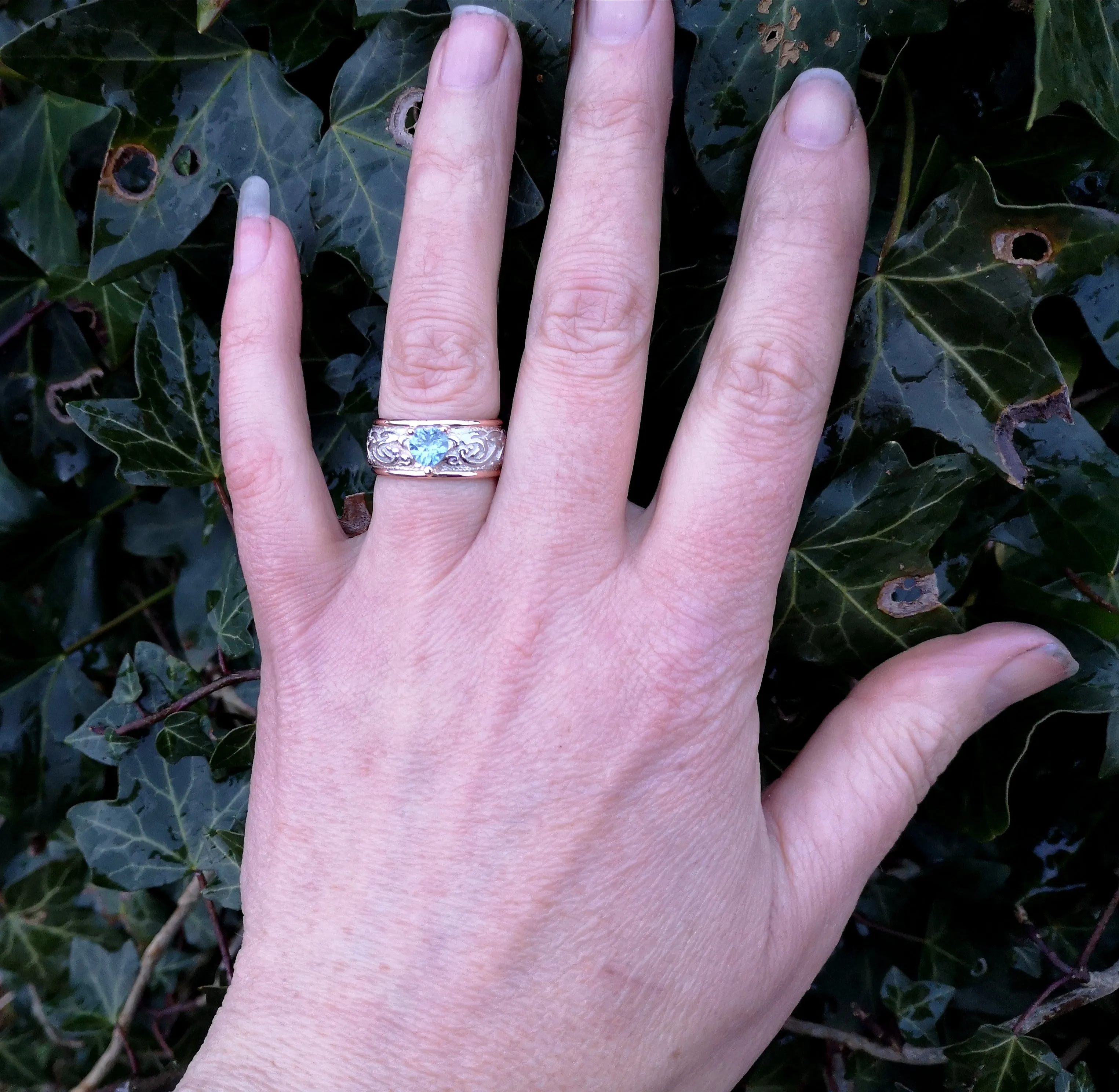 Celtic Ring   Rose Gold bands,   Aquamarine Gemstone