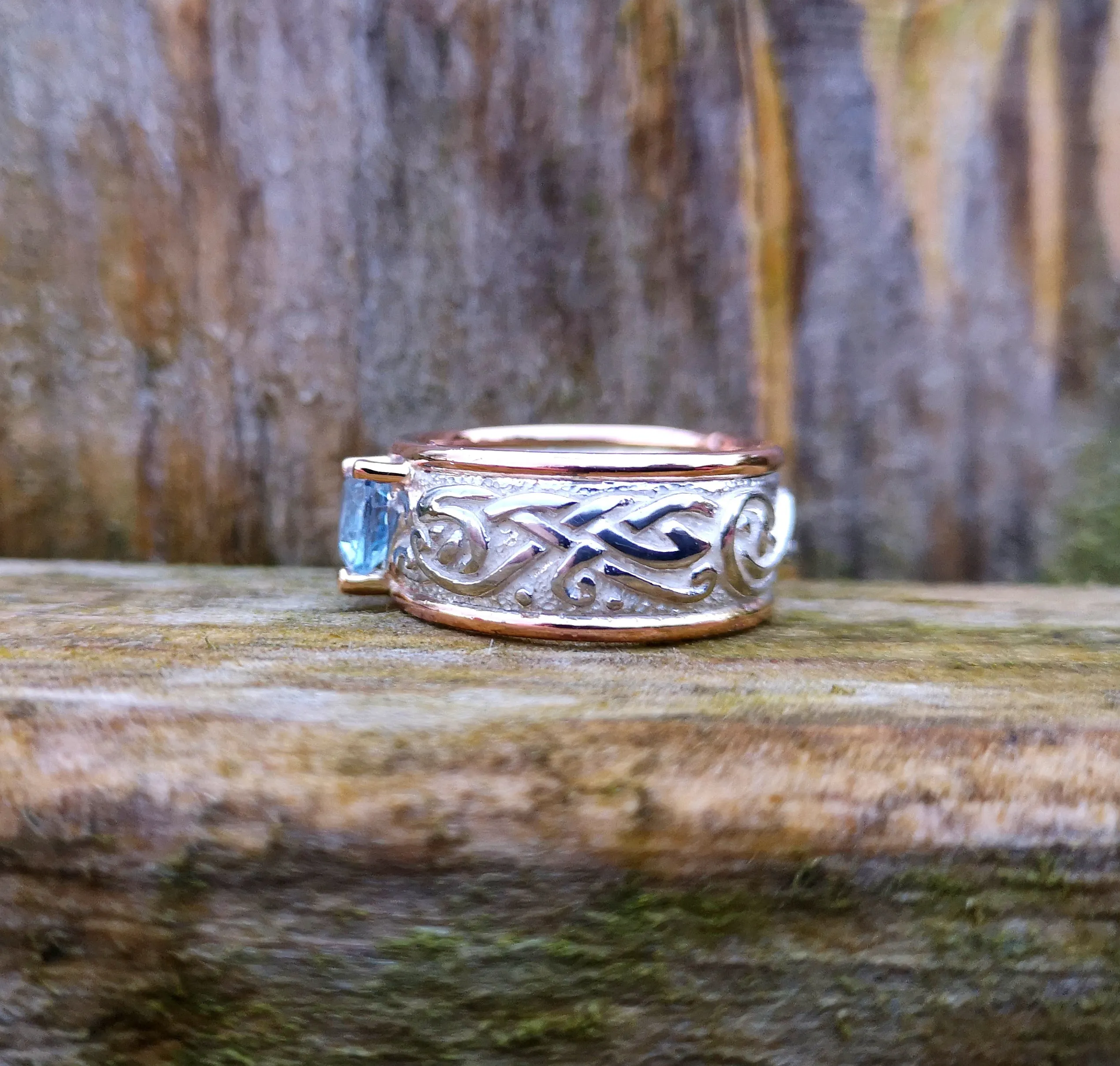 Celtic Ring   Rose Gold bands,   Aquamarine Gemstone