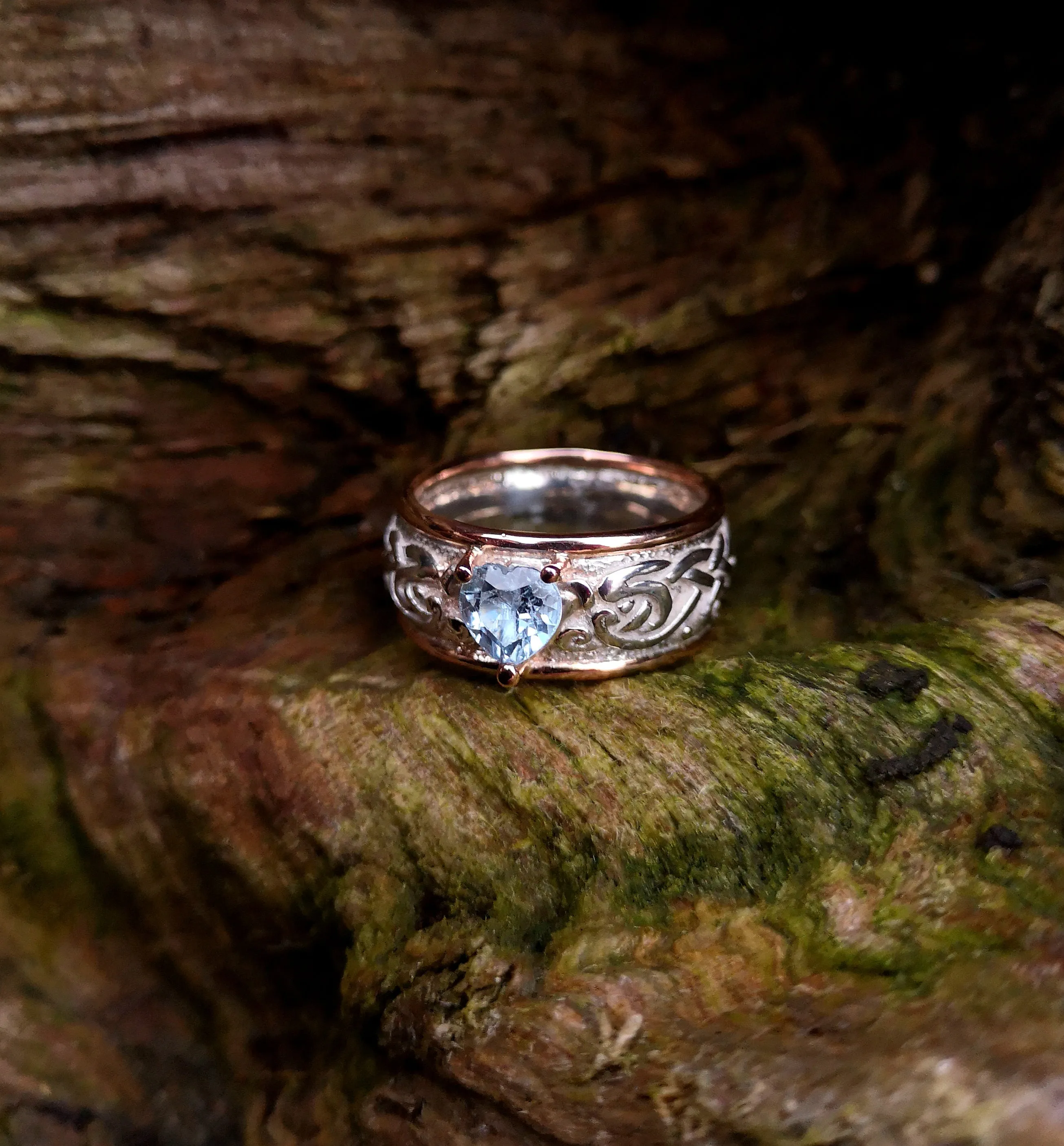 Celtic Ring   Rose Gold bands,   Aquamarine Gemstone