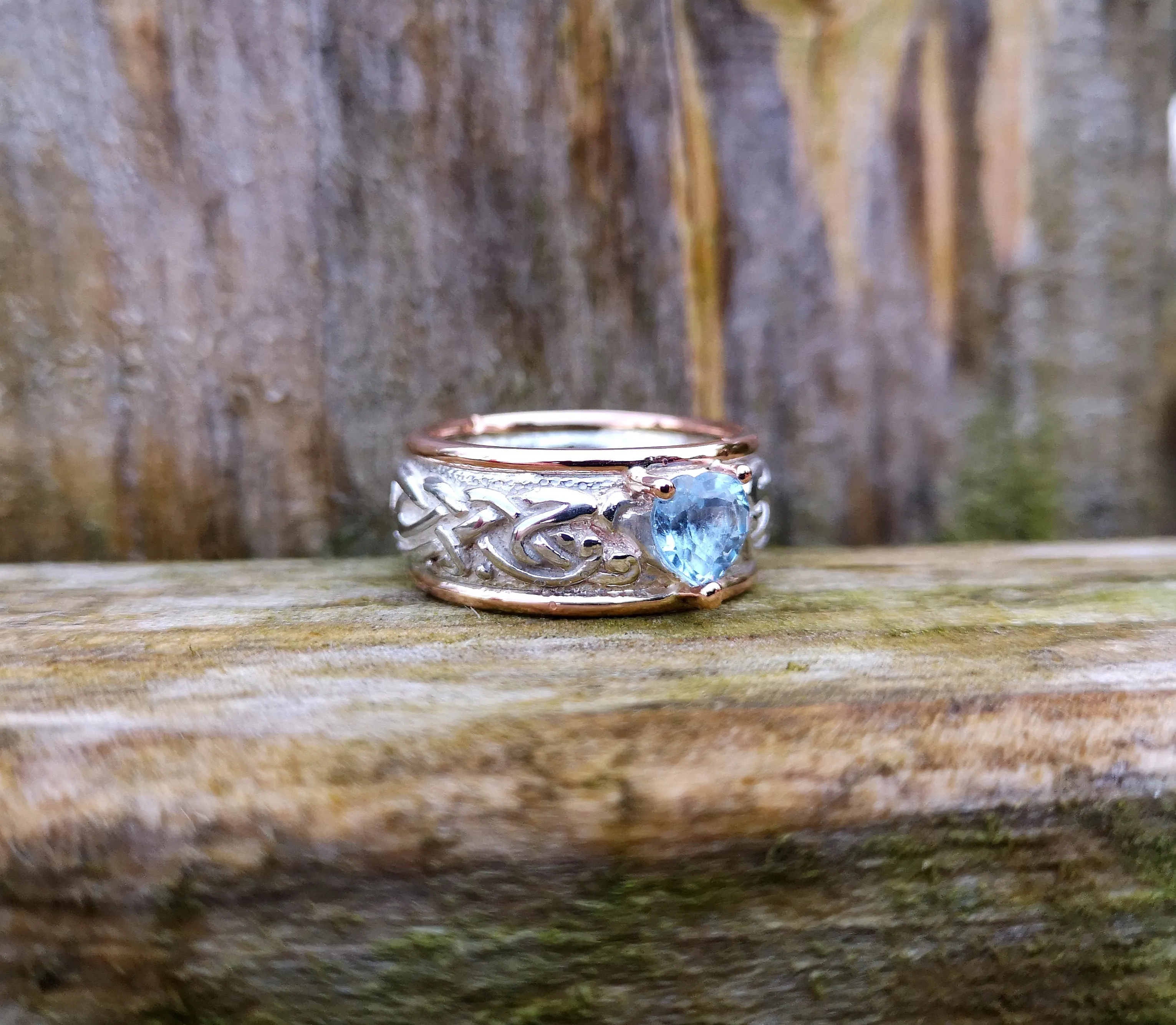 Celtic Ring   Rose Gold bands,   Aquamarine Gemstone