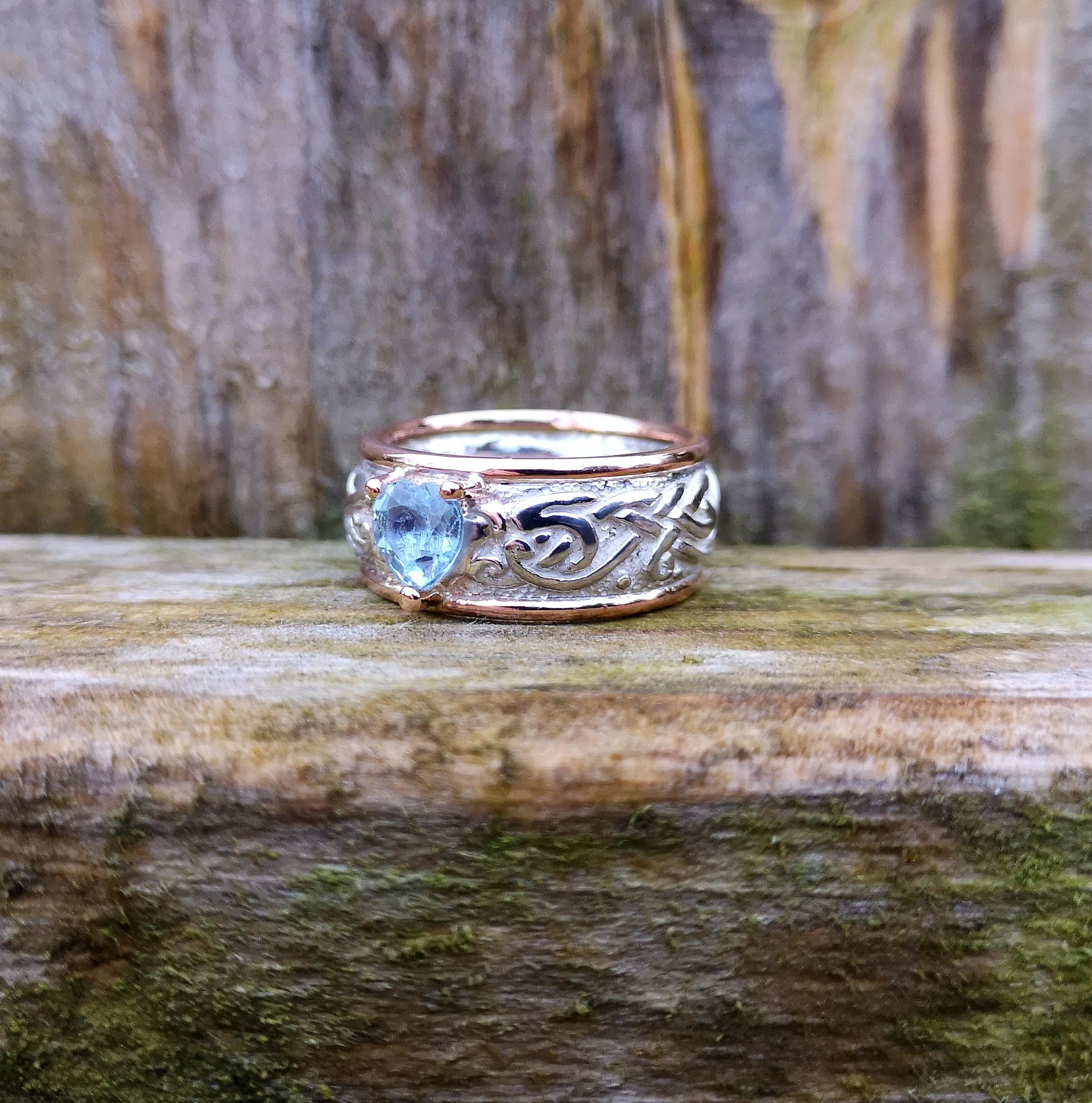 Celtic Ring   Rose Gold bands,   Aquamarine Gemstone