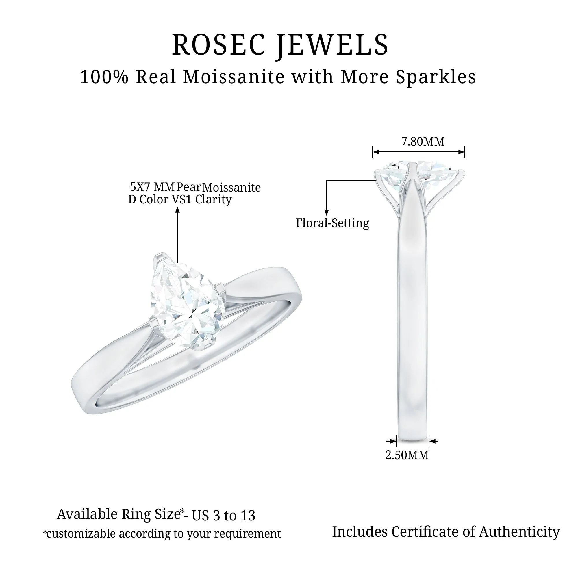Certified Pear Shaped 5X7 mm Moissanite Solitaire Engagement Ring