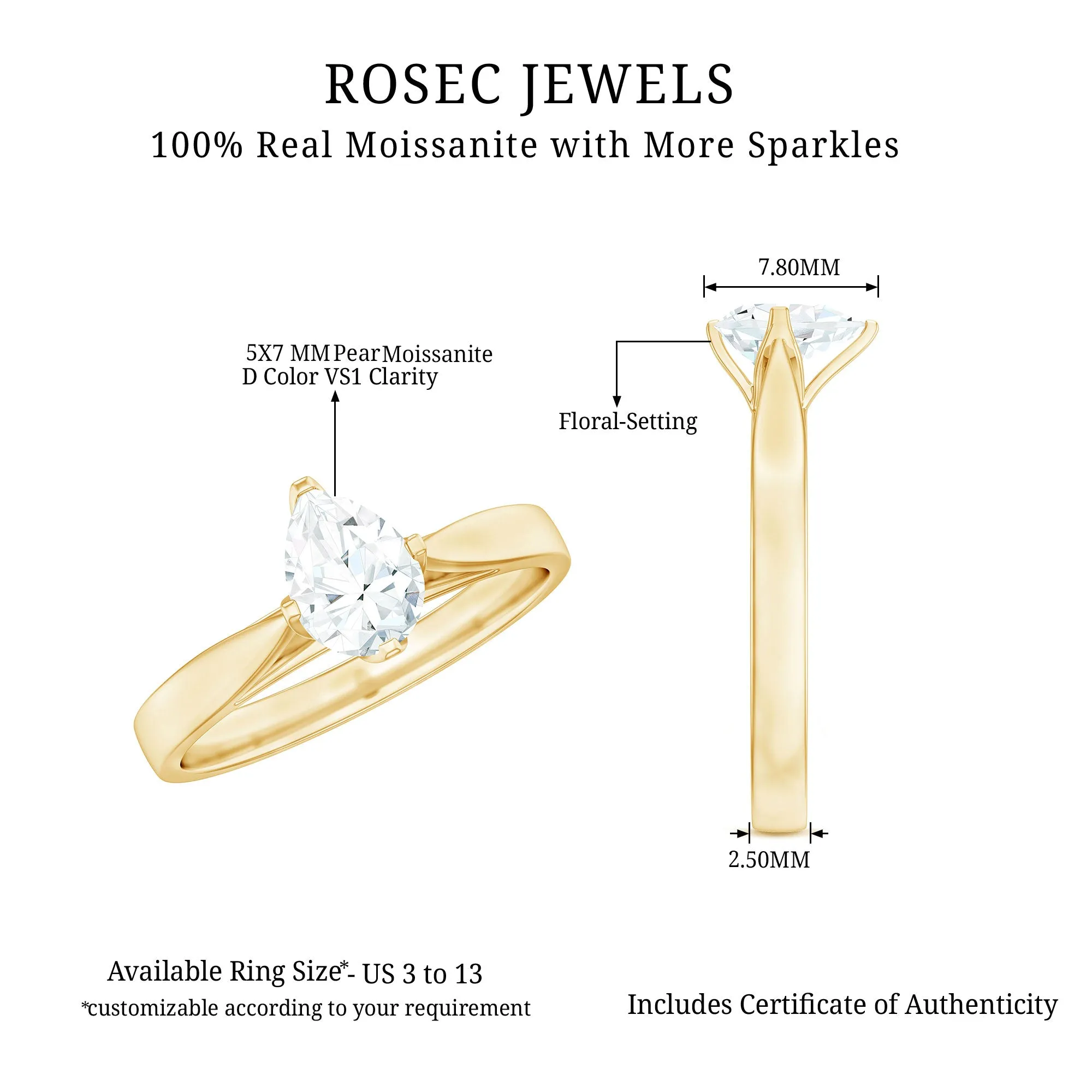 Certified Pear Shaped 5X7 mm Moissanite Solitaire Engagement Ring