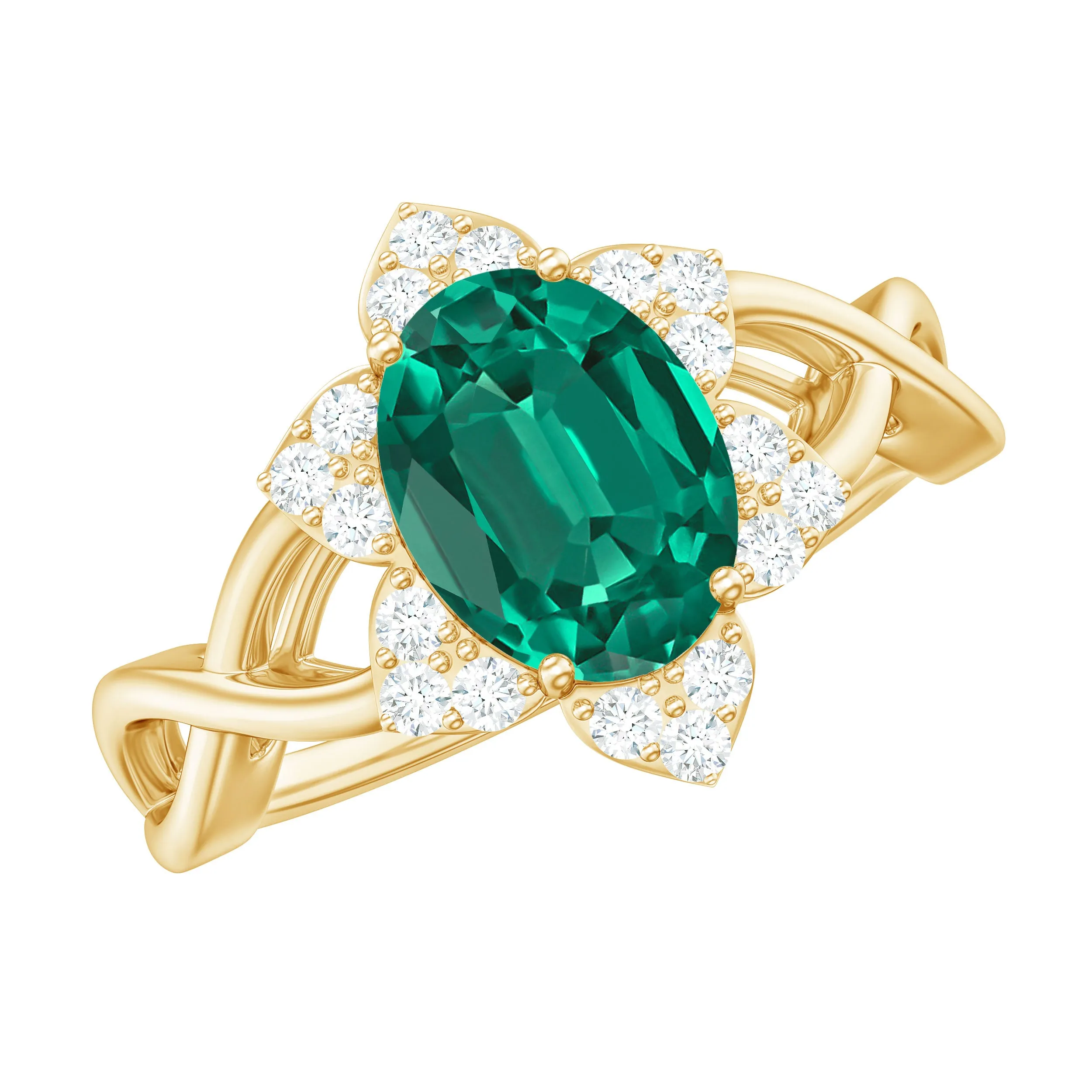 Created Emerald and Diamond Flower Halo Engagement Ring