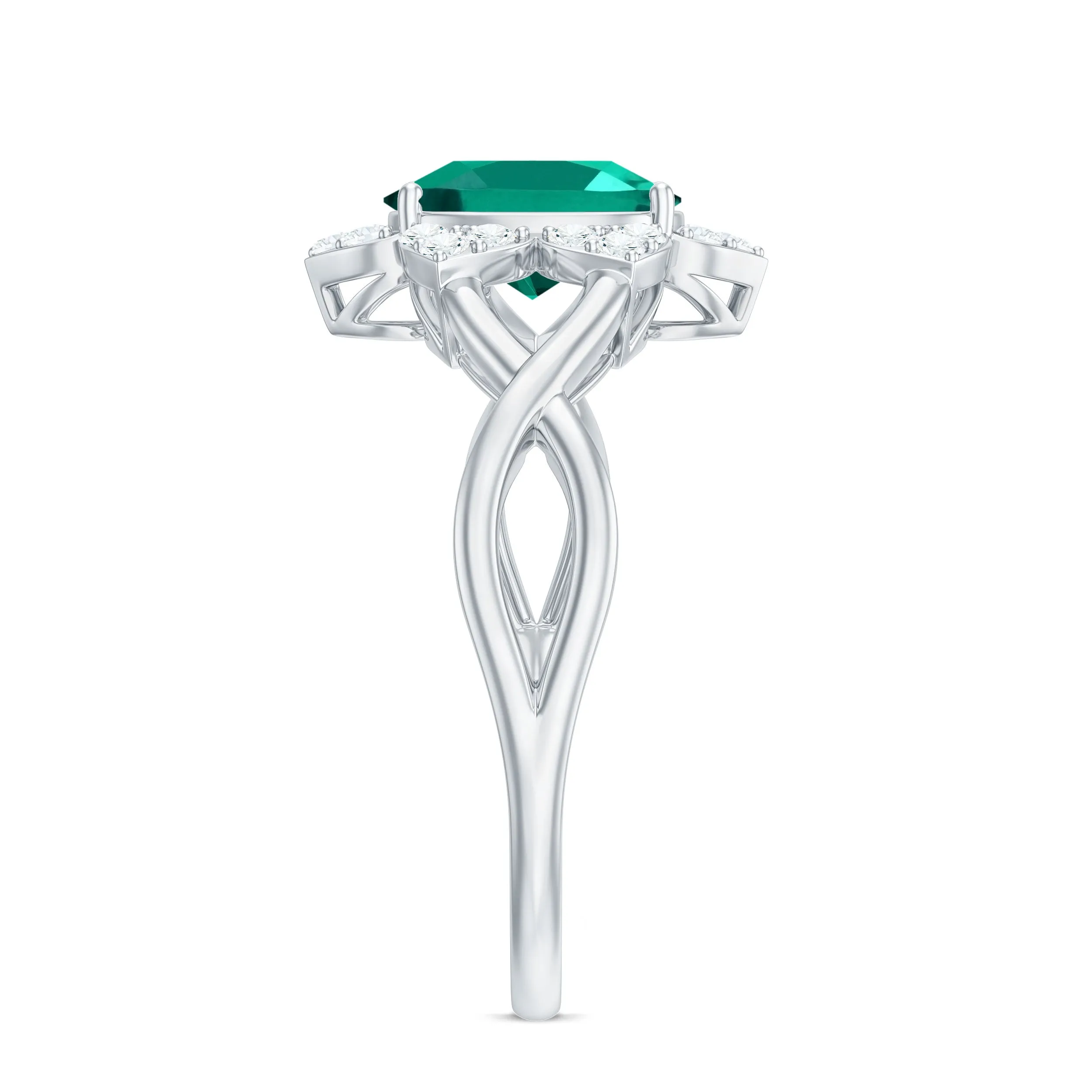 Created Emerald and Diamond Flower Halo Engagement Ring