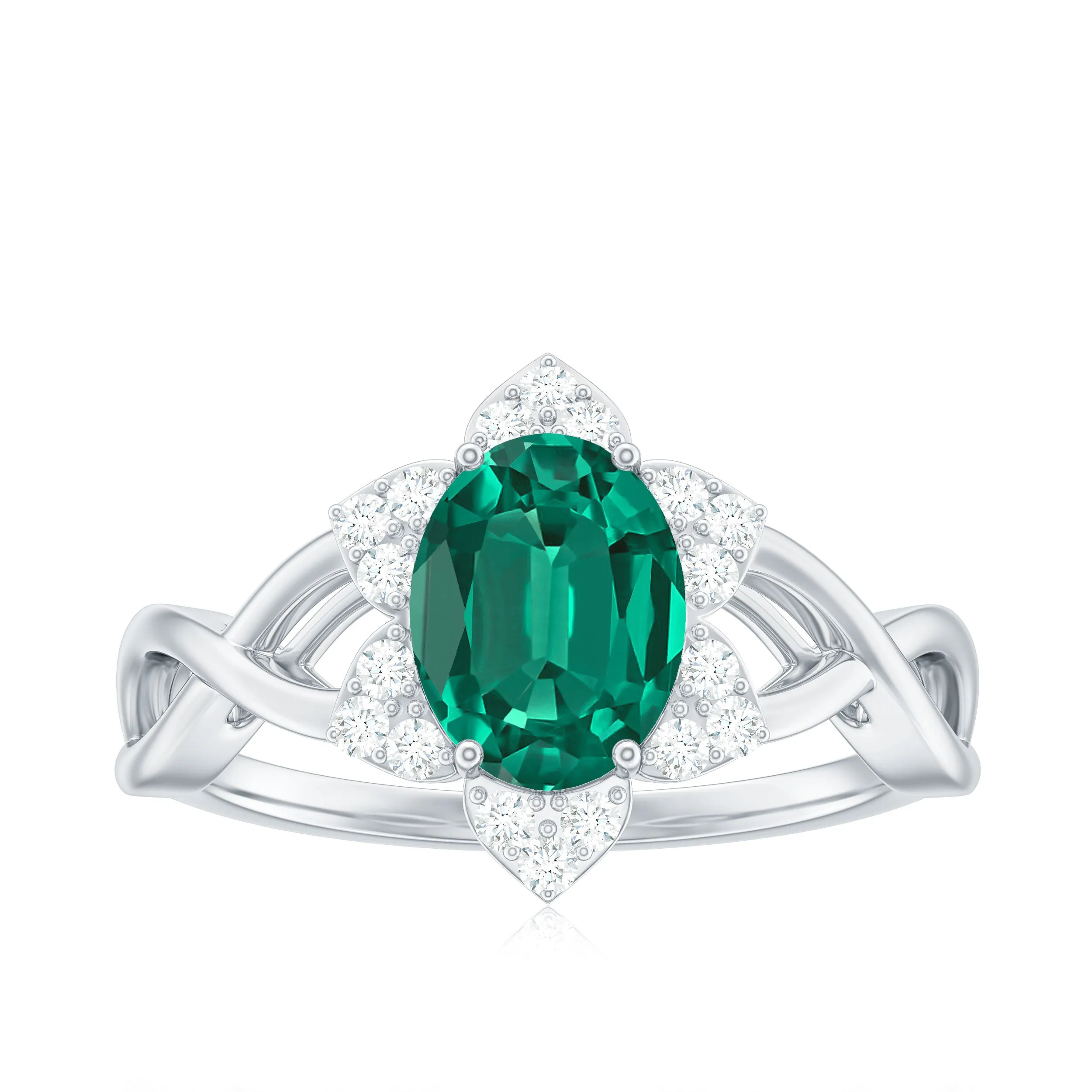 Created Emerald and Diamond Flower Halo Engagement Ring