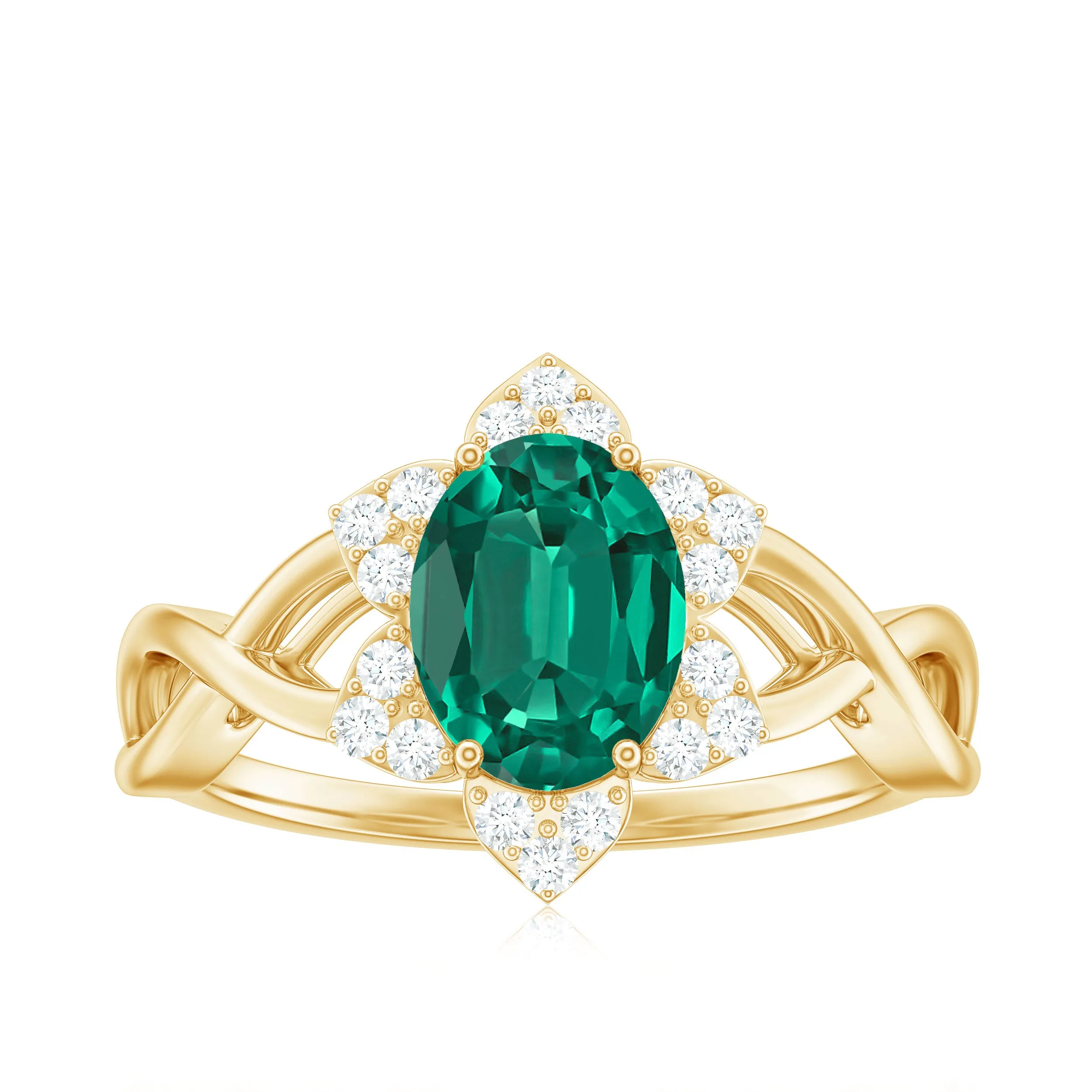 Created Emerald and Diamond Flower Halo Engagement Ring
