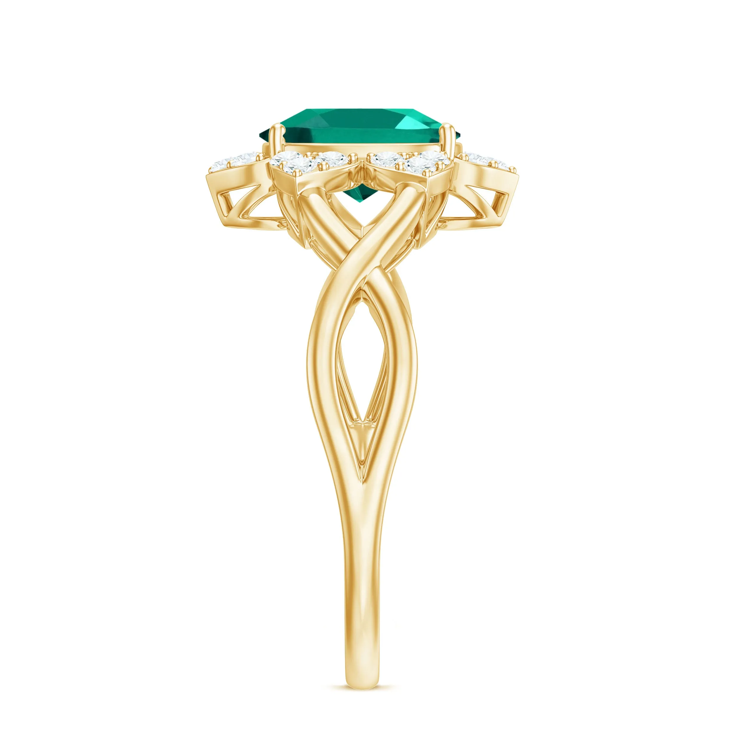 Created Emerald and Diamond Flower Halo Engagement Ring