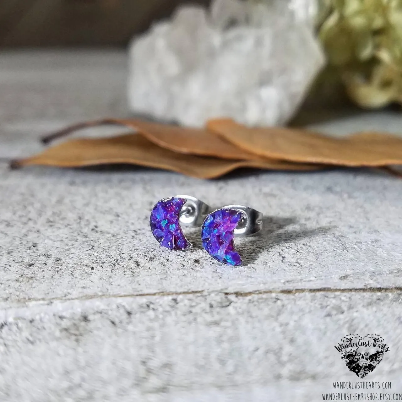 Crushed opal moon stud earrings