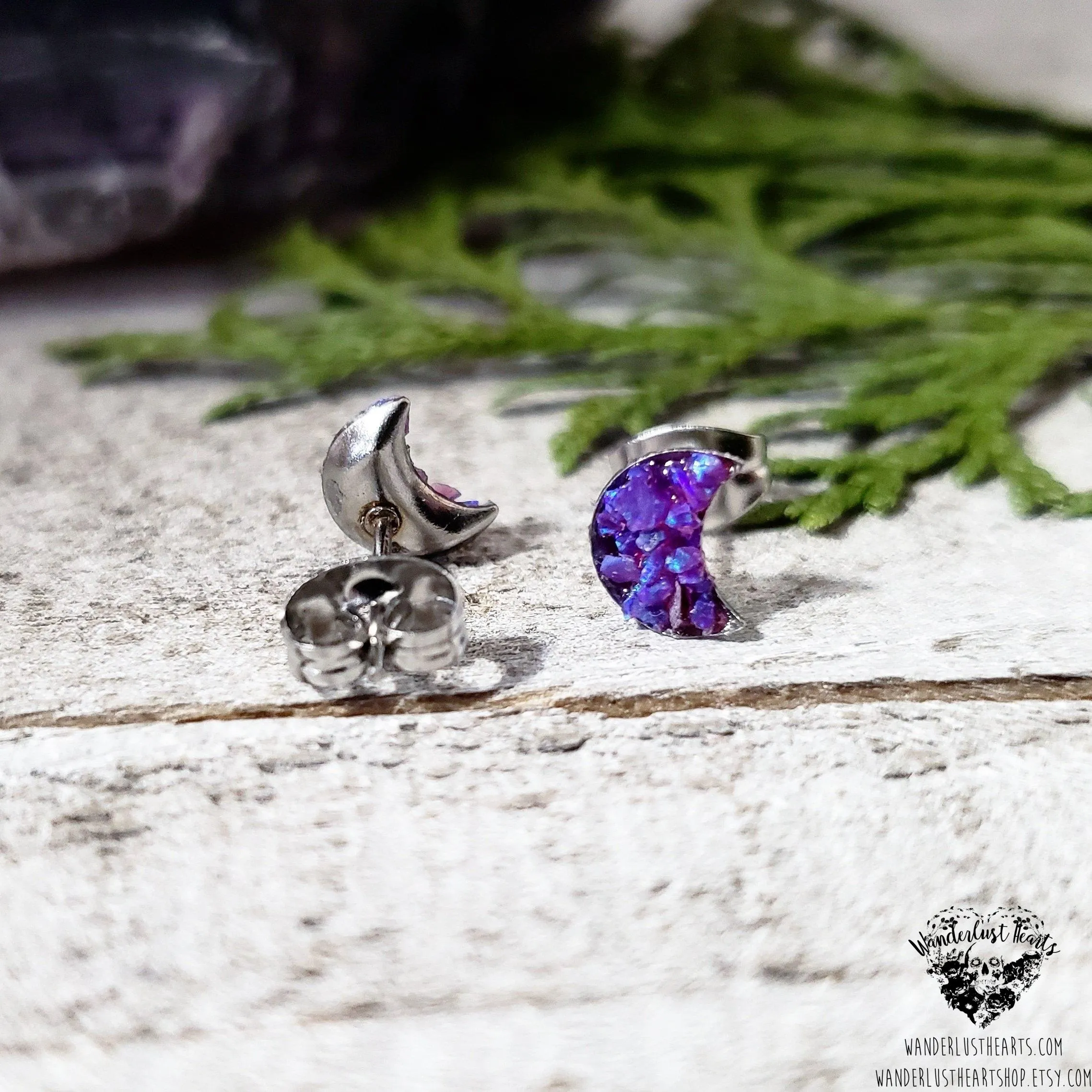 Crushed opal moon stud earrings