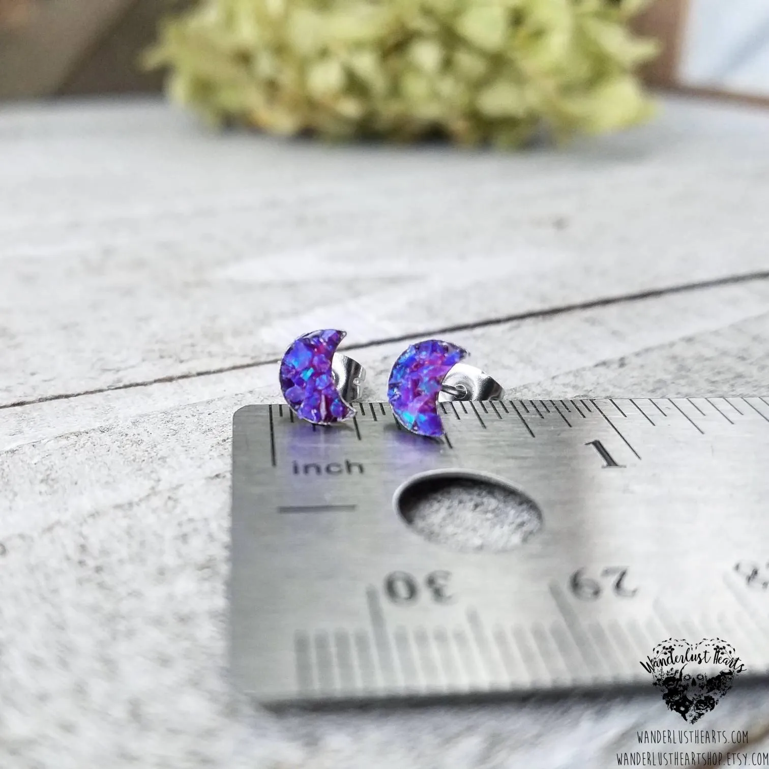 Crushed opal moon stud earrings