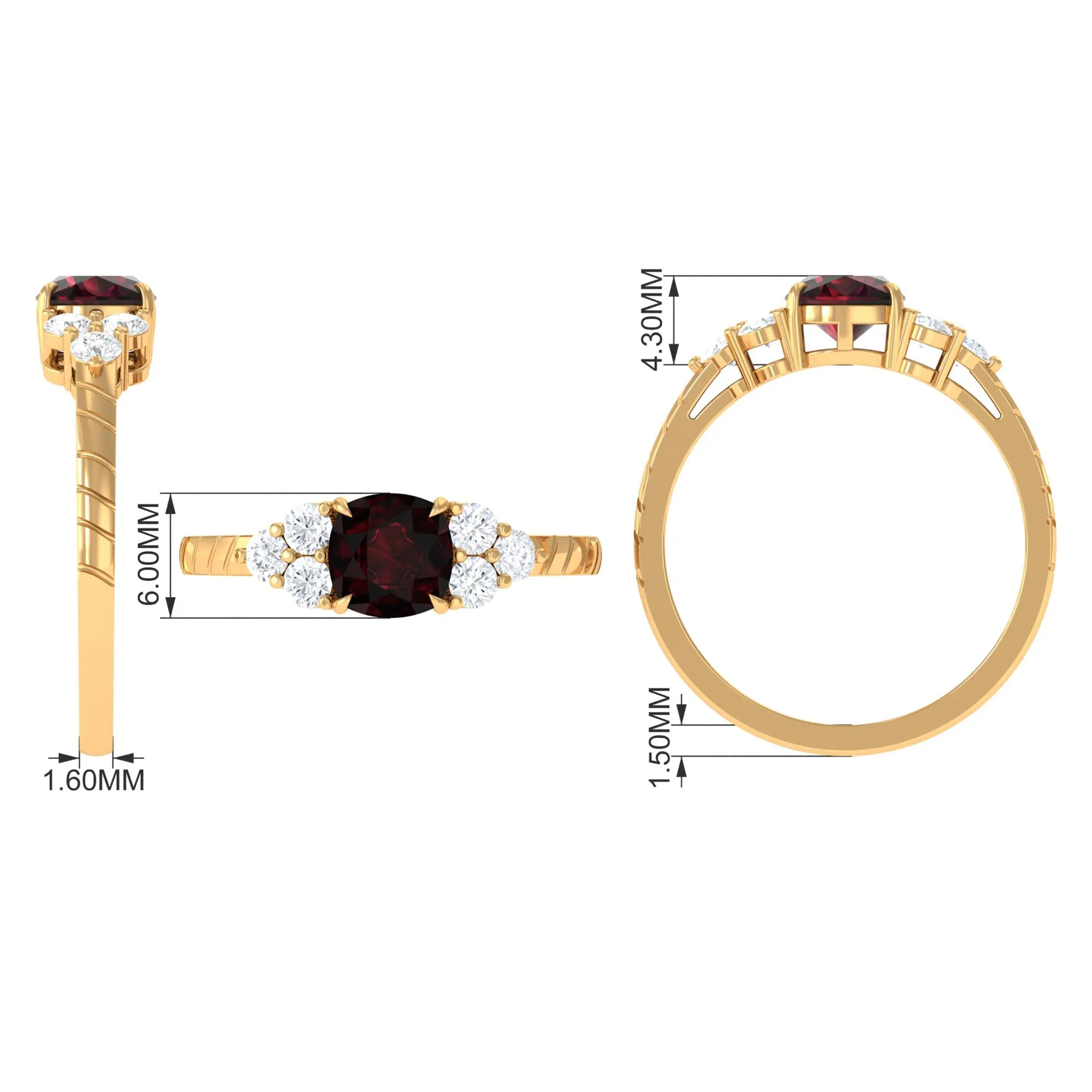 Cushion Cut Garnet Solitaire Engagement Ring with Diamond Trio