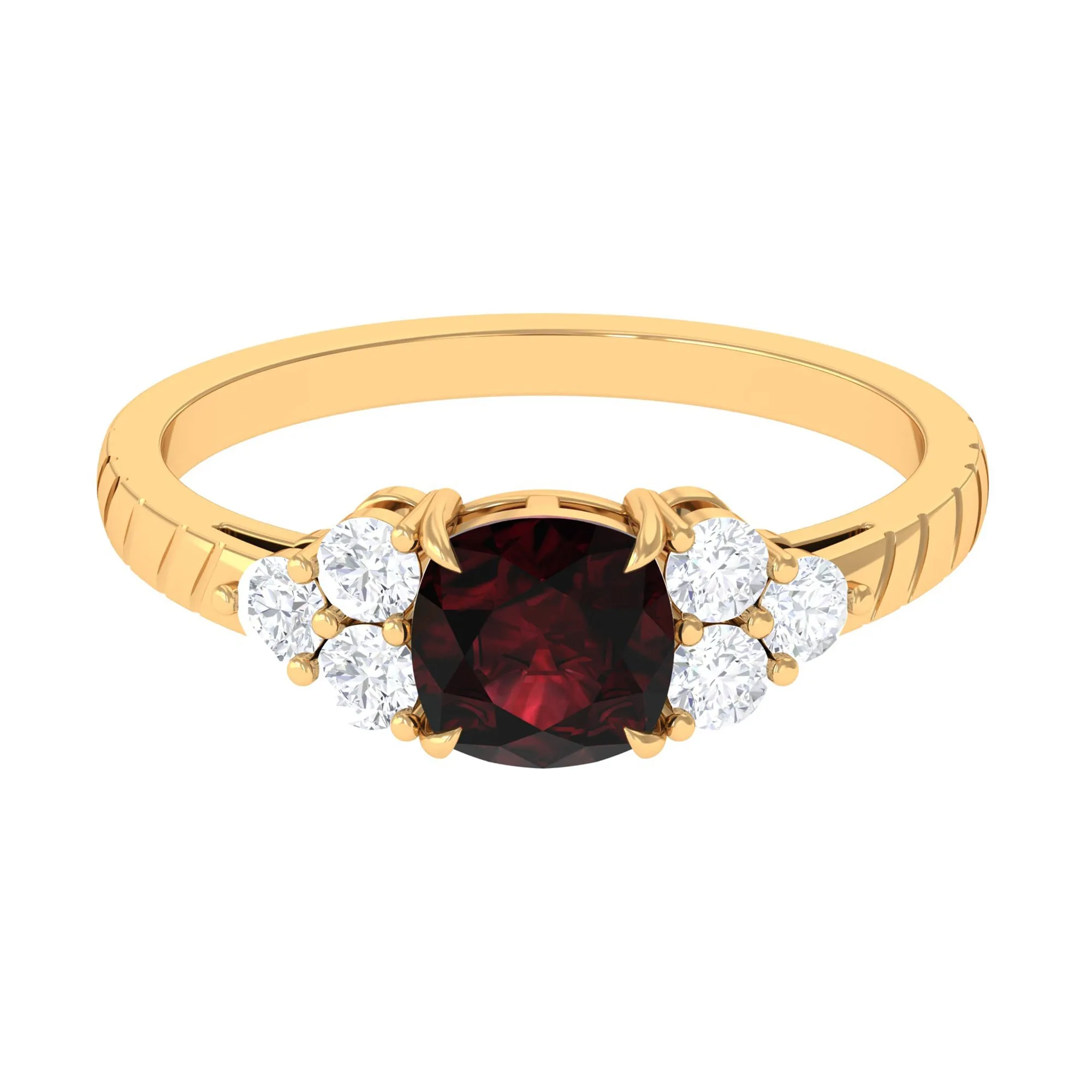 Cushion Cut Garnet Solitaire Engagement Ring with Diamond Trio