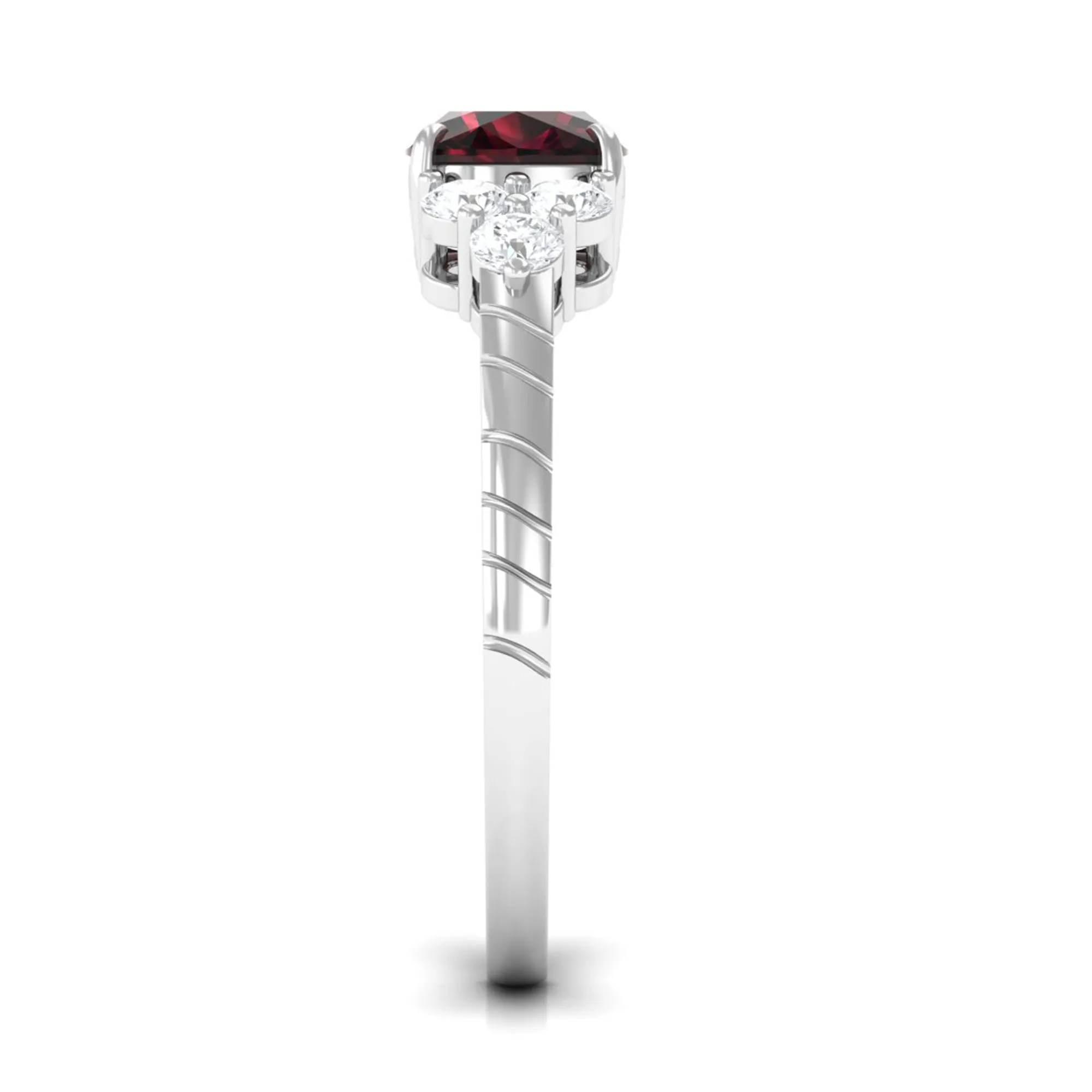 Cushion Cut Garnet Solitaire Engagement Ring with Diamond Trio