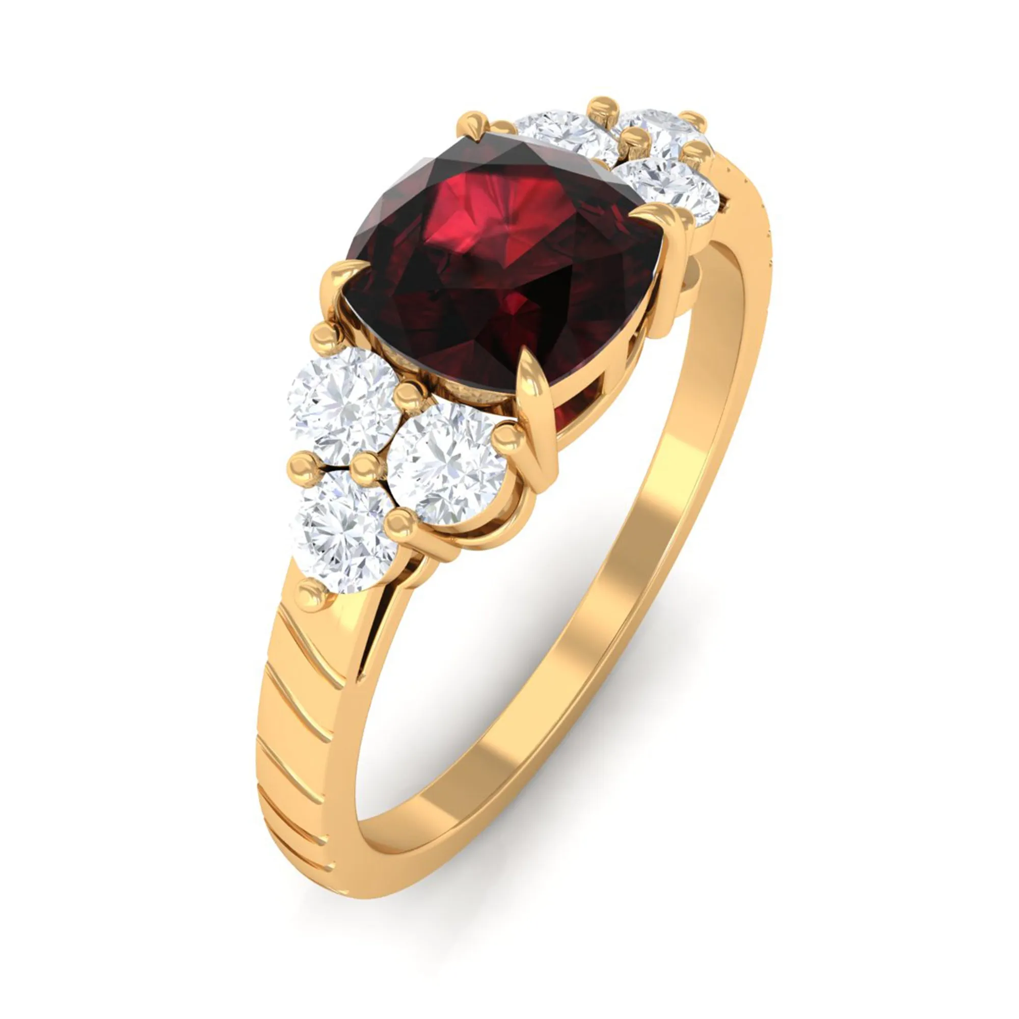 Cushion Cut Garnet Solitaire Engagement Ring with Diamond Trio