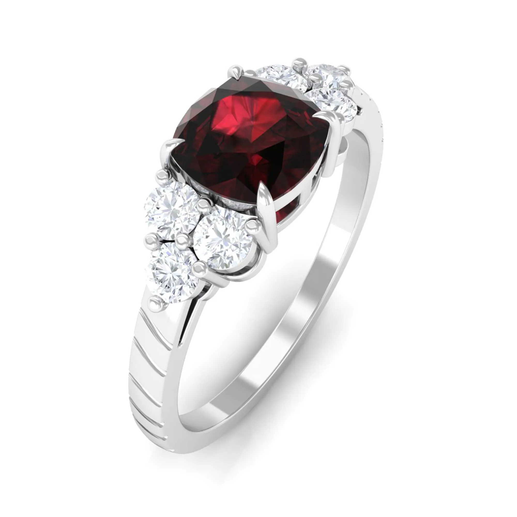 Cushion Cut Garnet Solitaire Engagement Ring with Diamond Trio