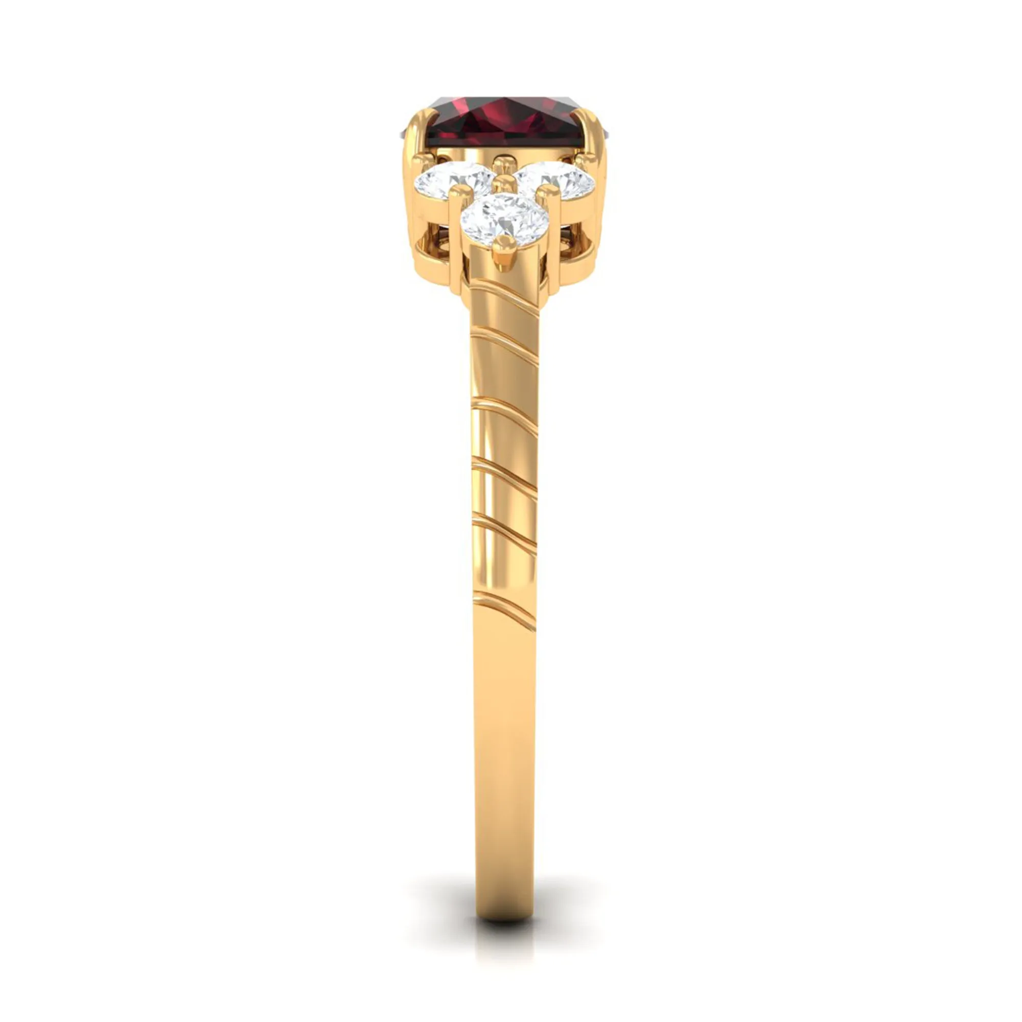 Cushion Cut Garnet Solitaire Engagement Ring with Diamond Trio