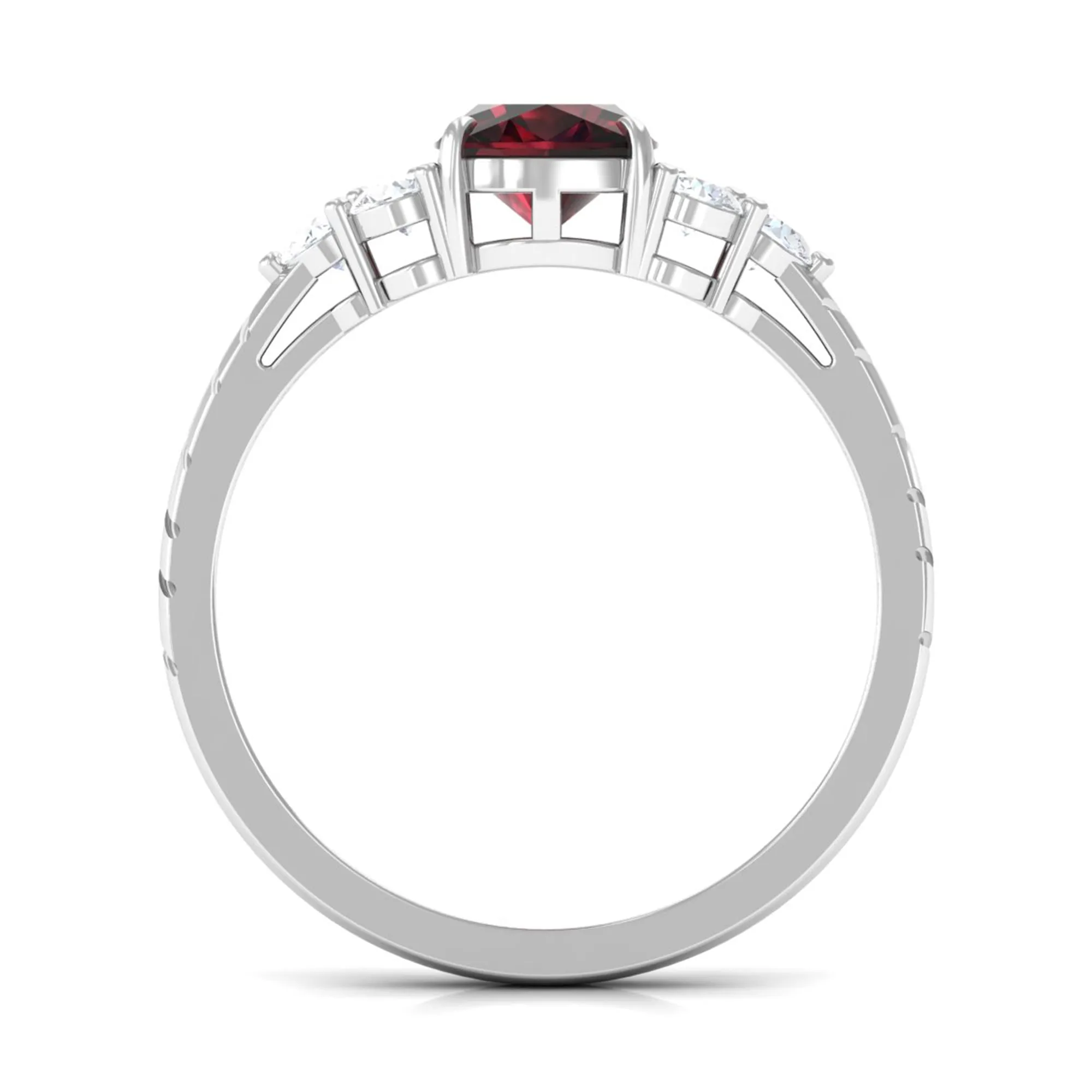 Cushion Cut Garnet Solitaire Engagement Ring with Diamond Trio