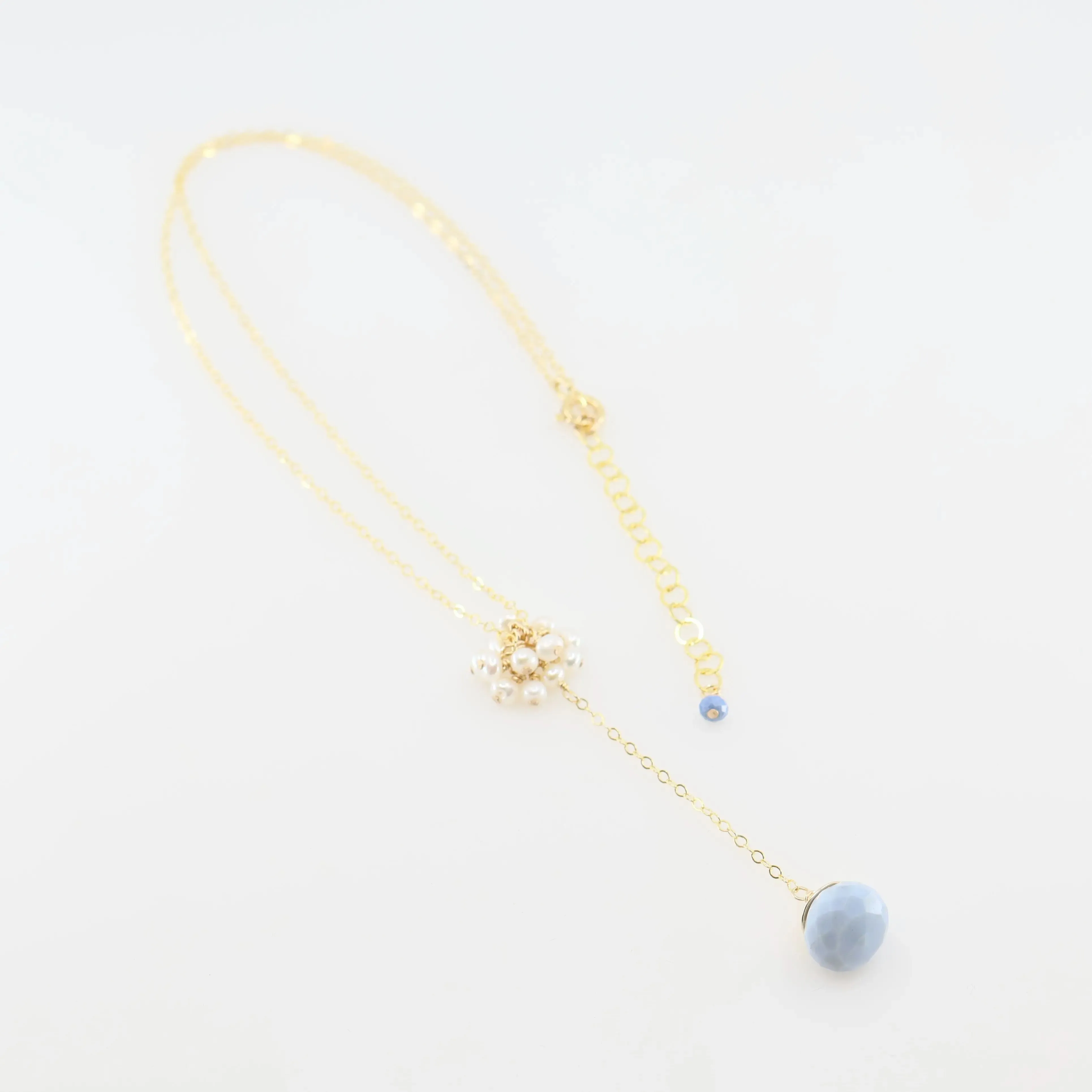 Delicate "Y" Shape Necklace with Mini Pearl Cluster and Blue Opal