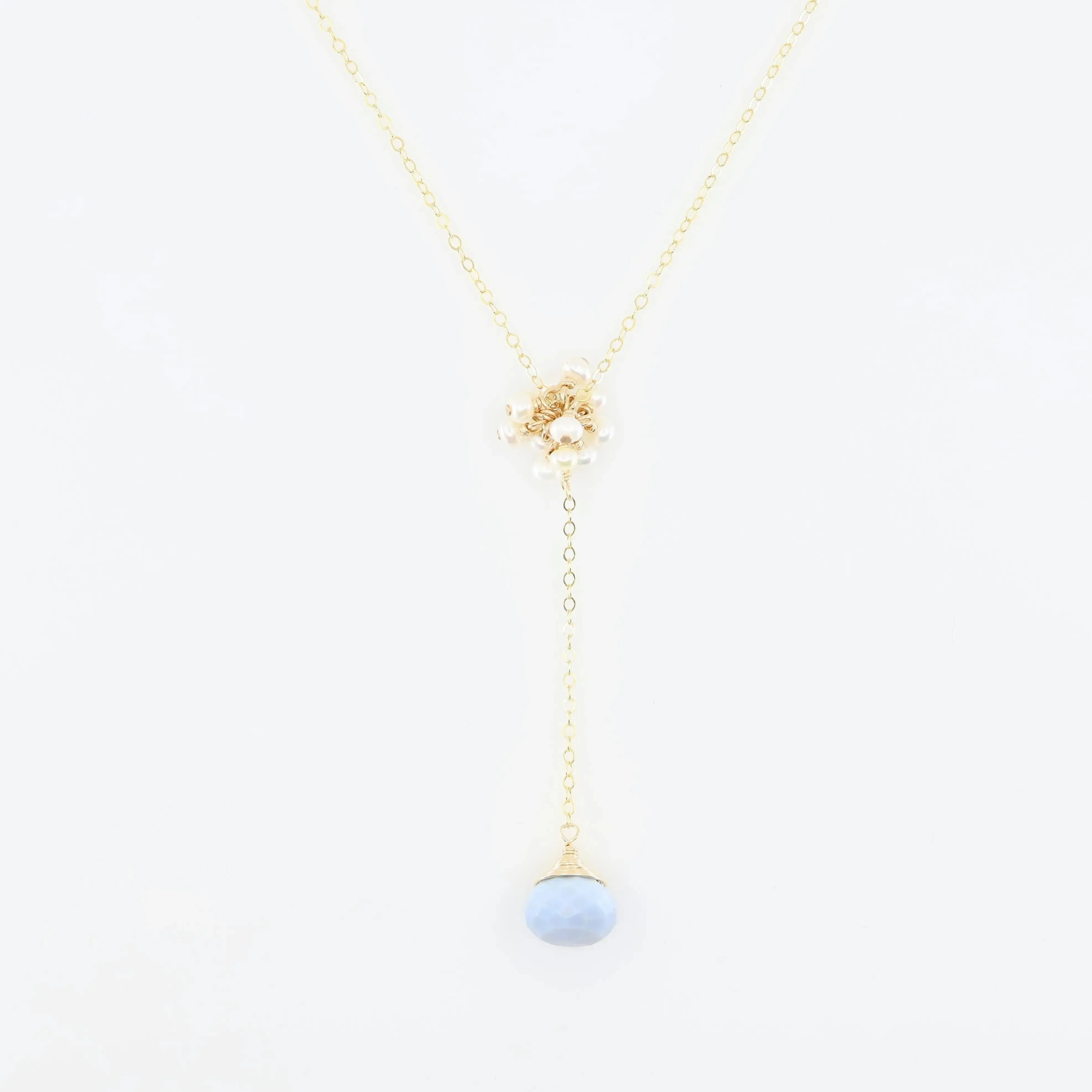 Delicate "Y" Shape Necklace with Mini Pearl Cluster and Blue Opal