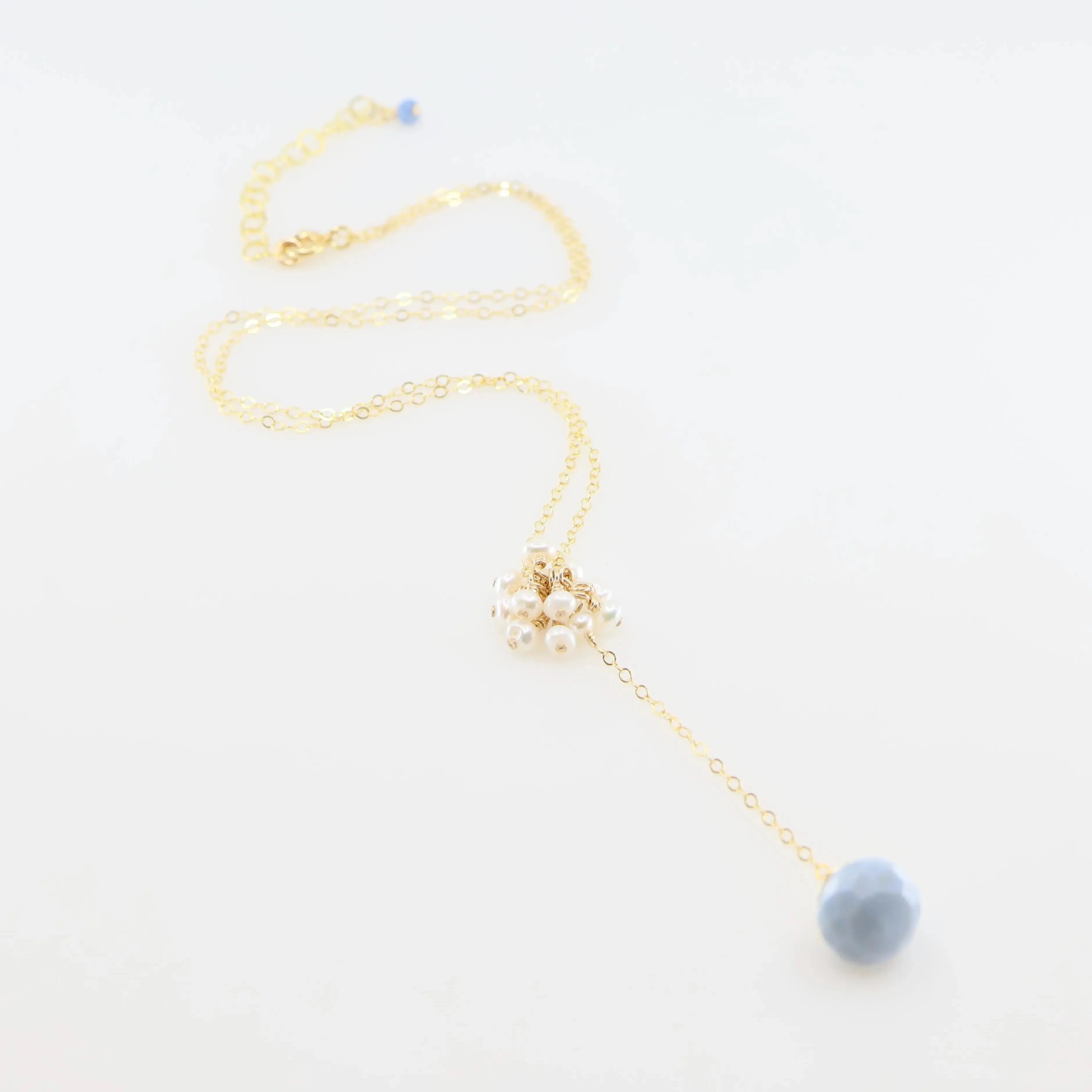 Delicate "Y" Shape Necklace with Mini Pearl Cluster and Blue Opal