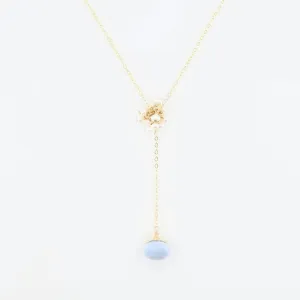 Delicate "Y" Shape Necklace with Mini Pearl Cluster and Blue Opal