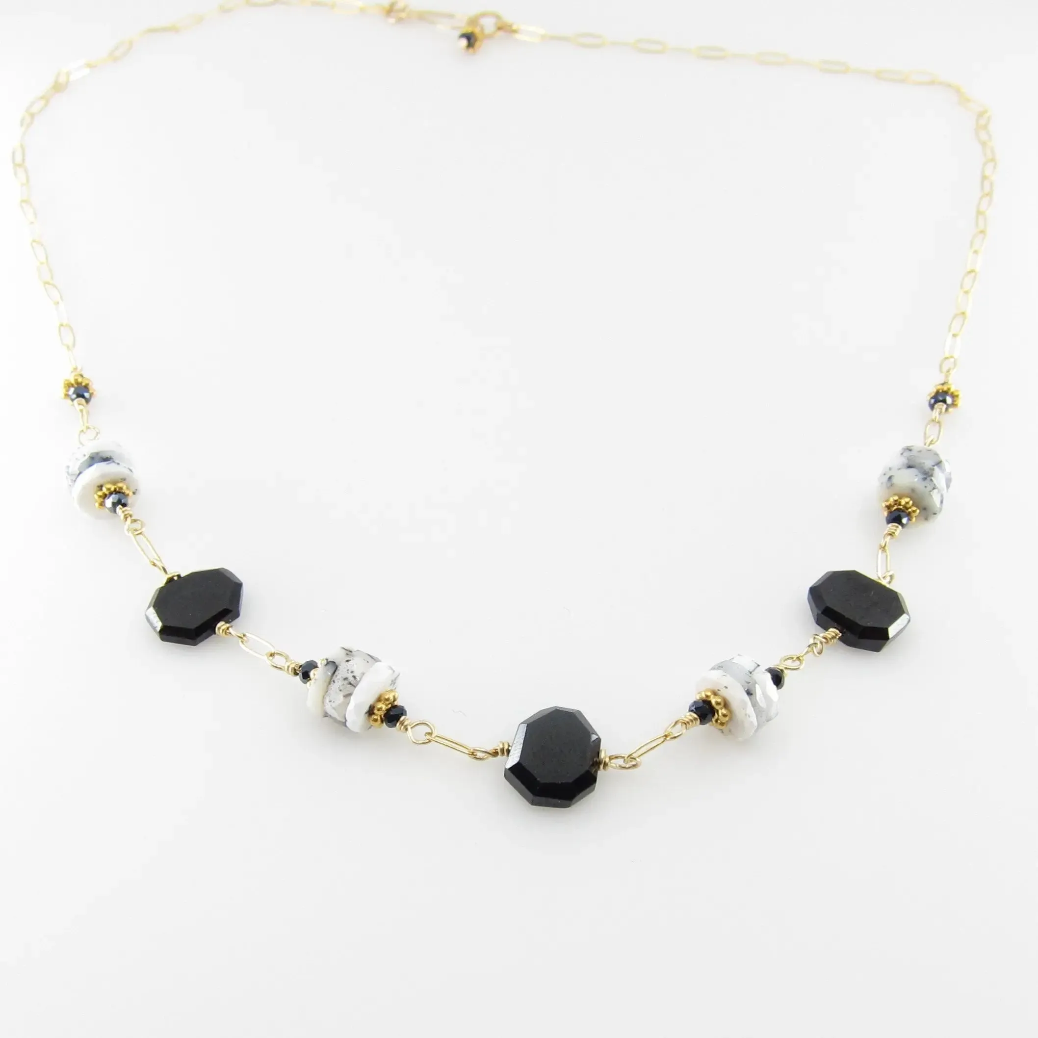 Dendrite Opal and Black Spinel Gemstone Necklace