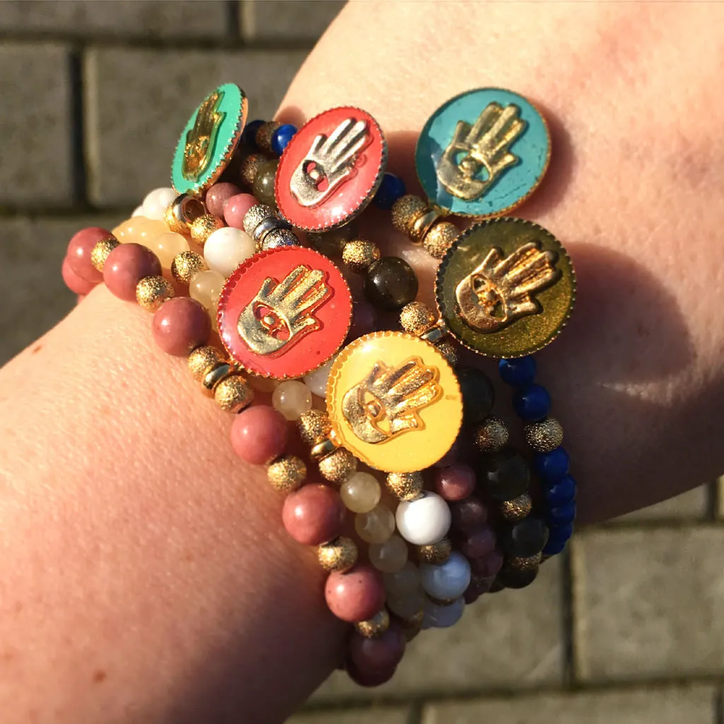 Enamel Hamsa Hand Charm Token Gemstone Bracelet