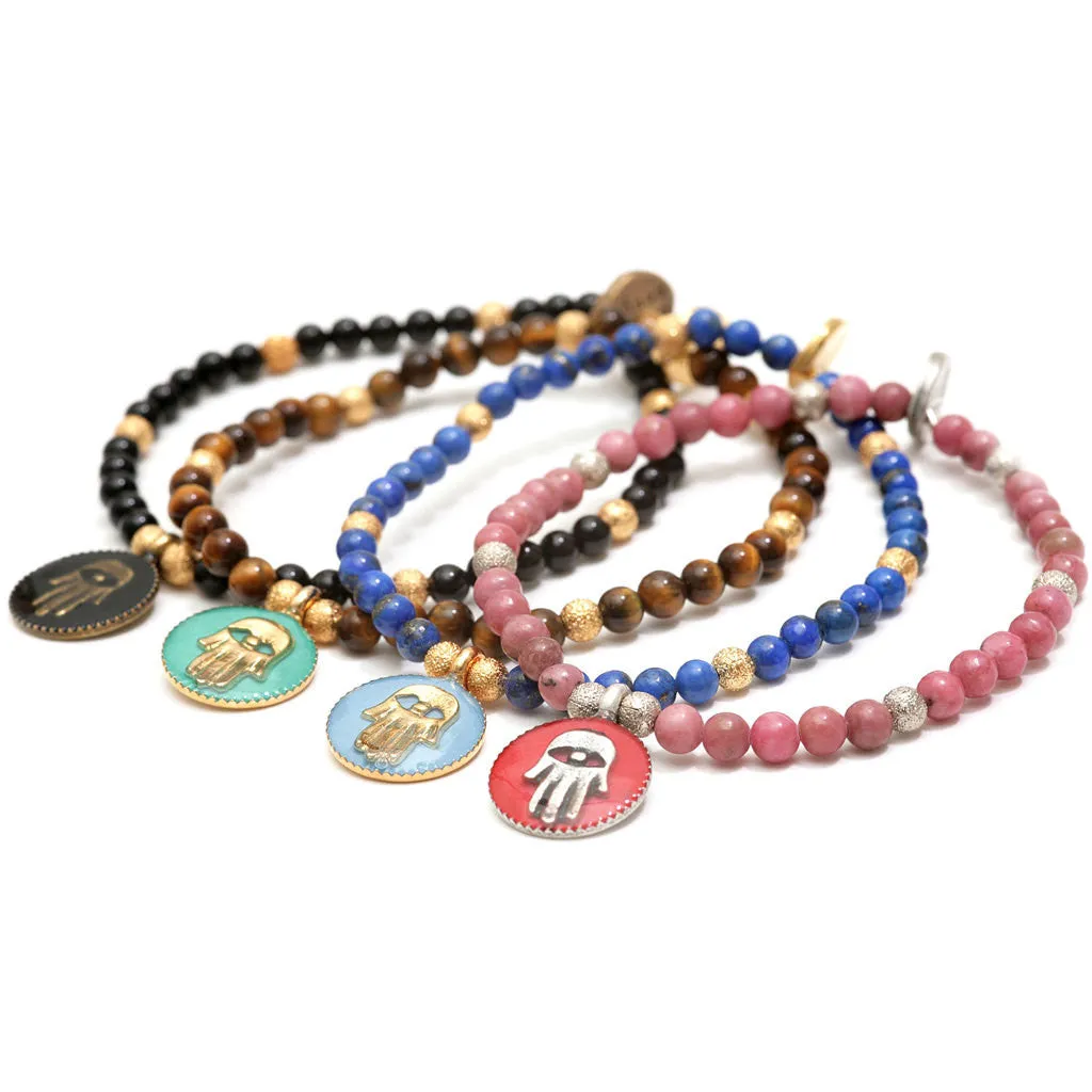 Enamel Hamsa Hand Charm Token Gemstone Bracelet