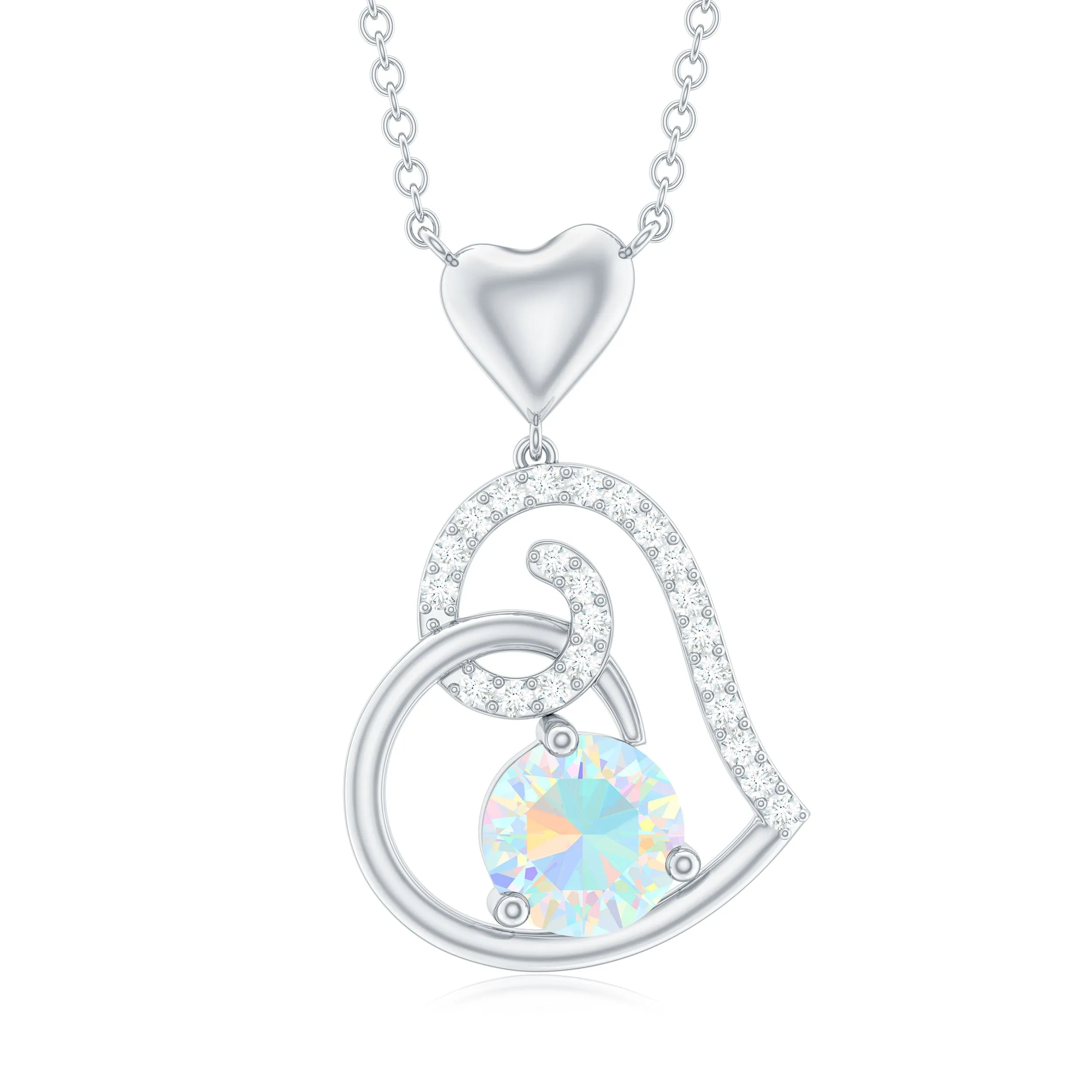 Ethiopian Opal Heart Pendant Necklace with Diamond