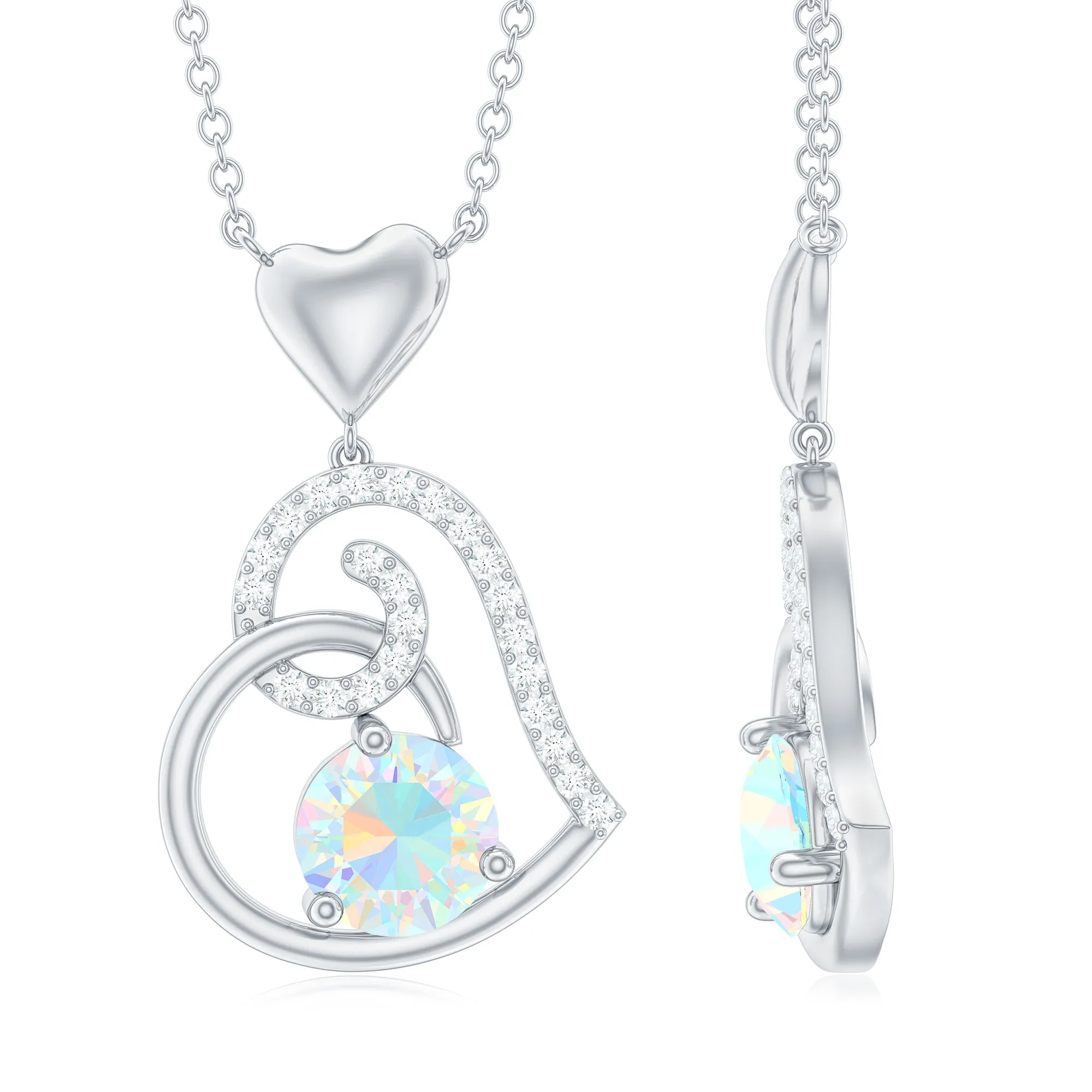 Ethiopian Opal Heart Pendant Necklace with Diamond