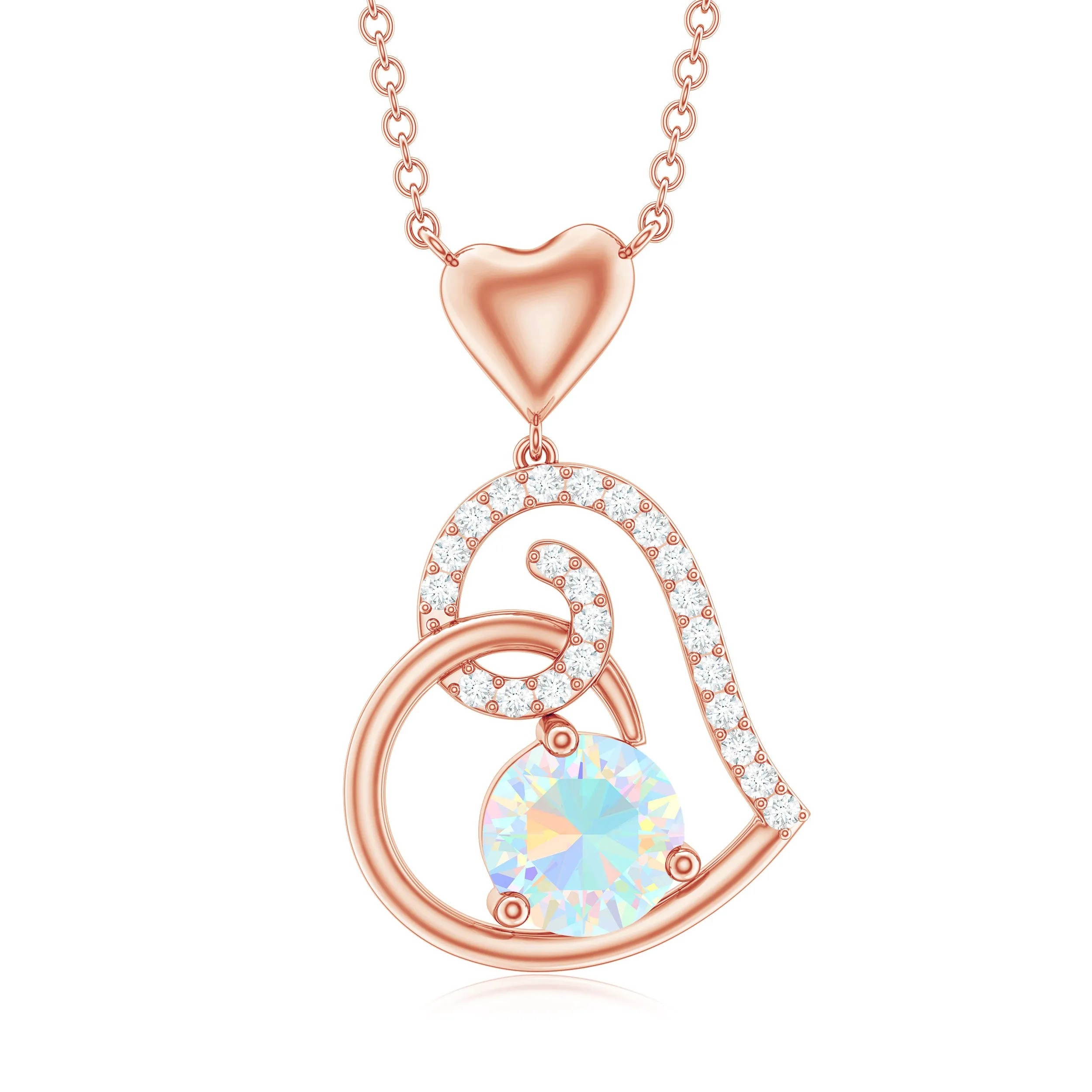 Ethiopian Opal Heart Pendant Necklace with Diamond