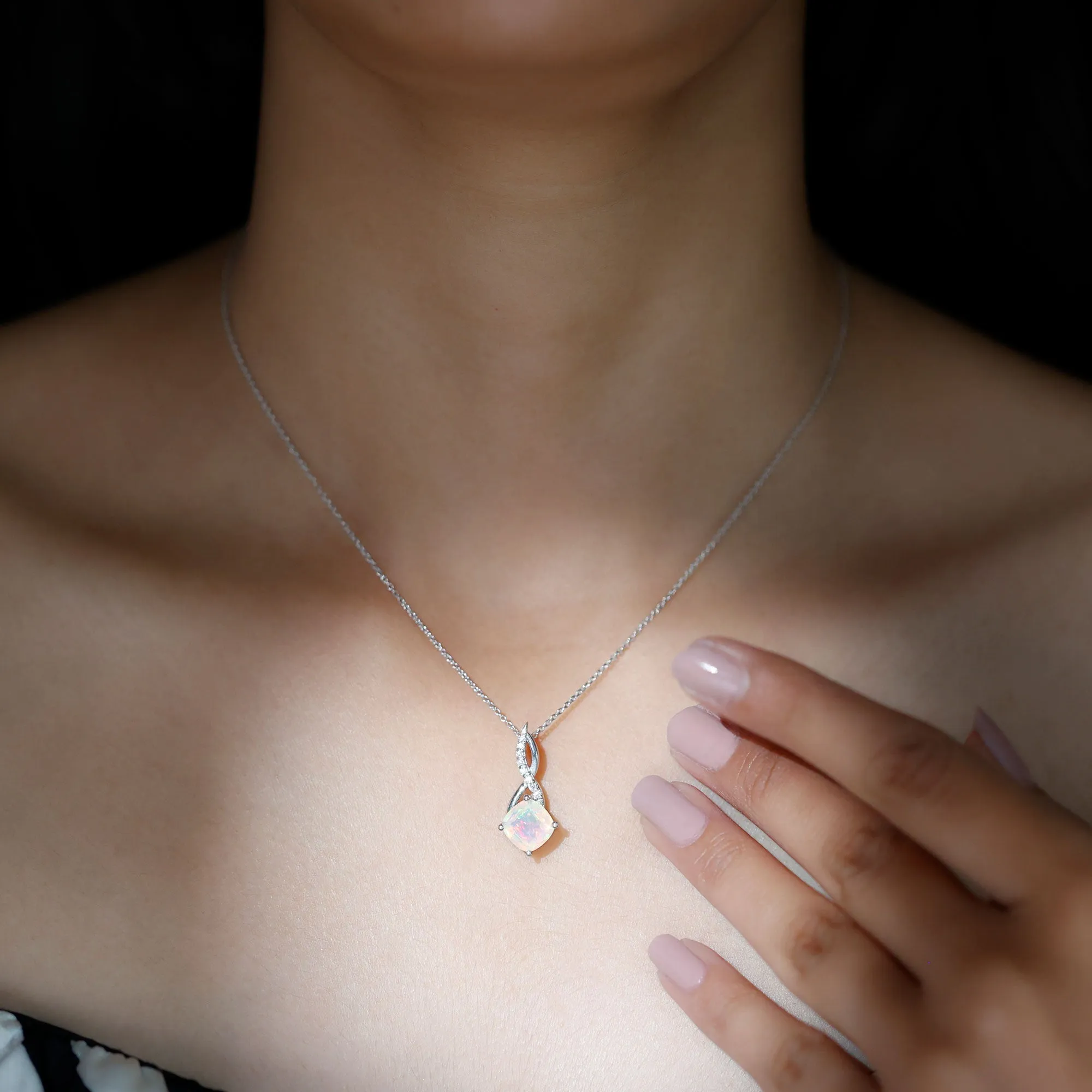 Ethiopian Opal Solitaire Infinity Pendant with Moissanite