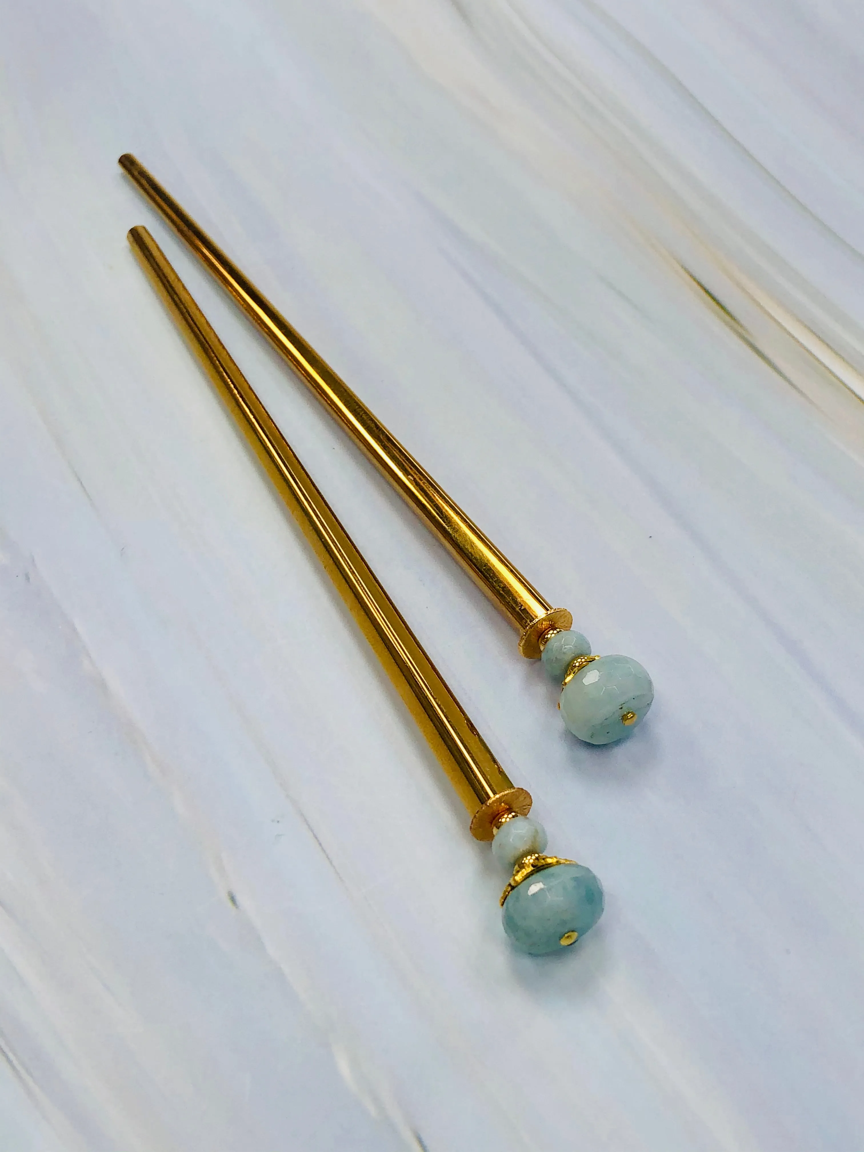 Faceted Aquamarine Gem stone Hair Sticks, Gold Hair Pins, shawl pin, sweater pin