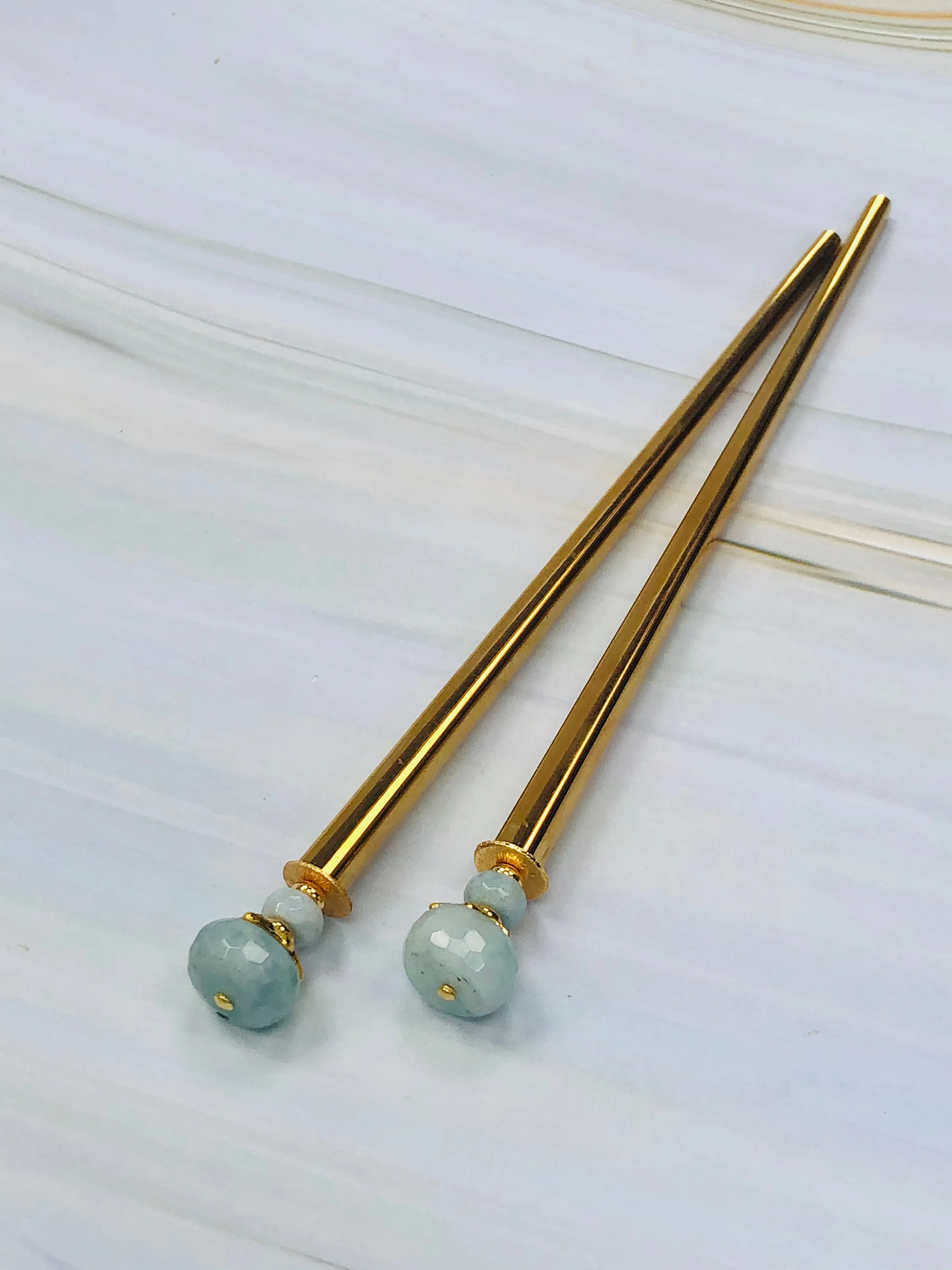 Faceted Aquamarine Gem stone Hair Sticks, Gold Hair Pins, shawl pin, sweater pin
