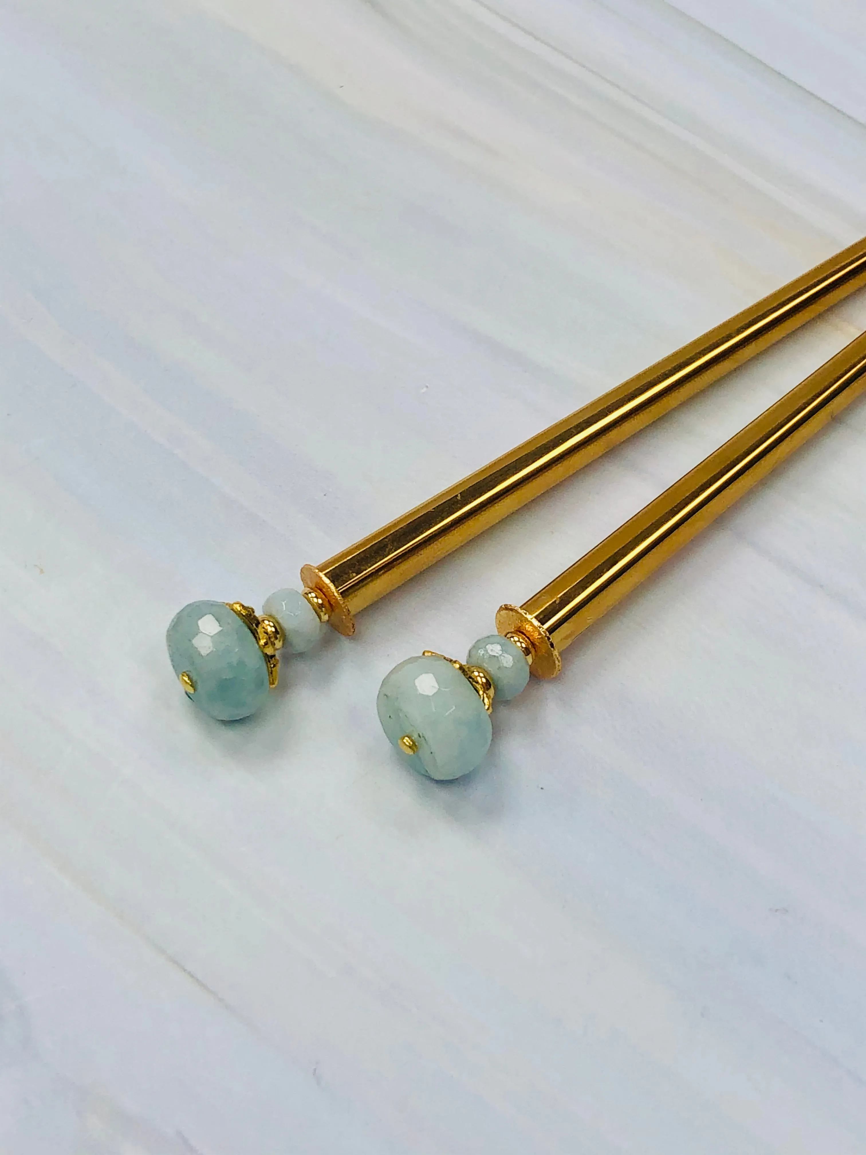 Faceted Aquamarine Gem stone Hair Sticks, Gold Hair Pins, shawl pin, sweater pin