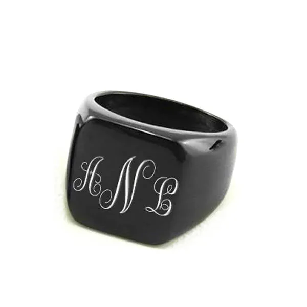 Fancy Monogram Laser Engraved Signet Ring Gold Silver Black