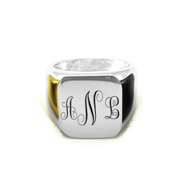 Fancy Monogram Laser Engraved Signet Ring Gold Silver Black