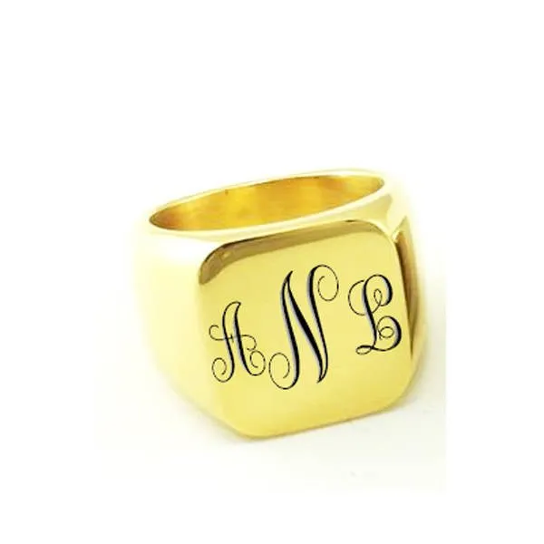 Fancy Monogram Laser Engraved Signet Ring Gold Silver Black