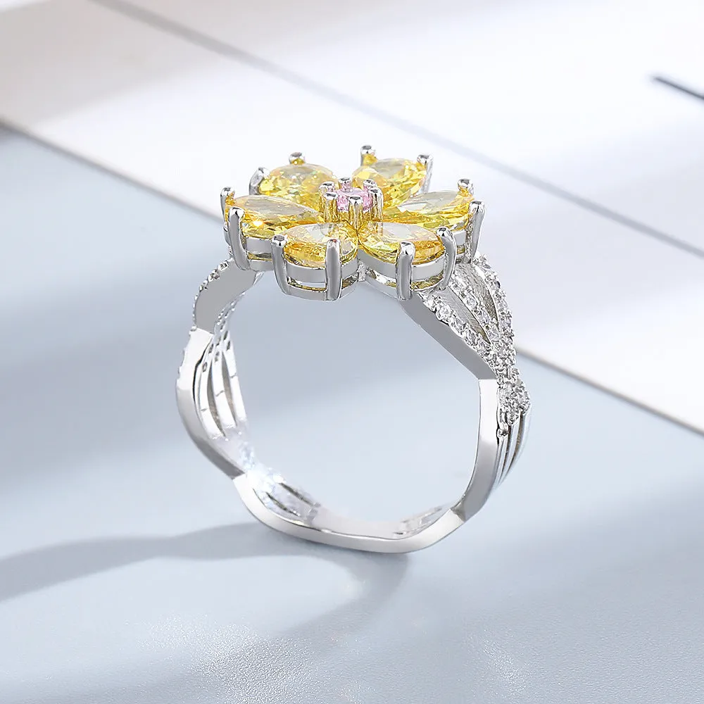 Fashion Exquisite Sweet Flowers Ring Niche Cherry Blossom Light Luxury Mori Style Index Finger Ring Diamond-embedded Simple Temperament Ring